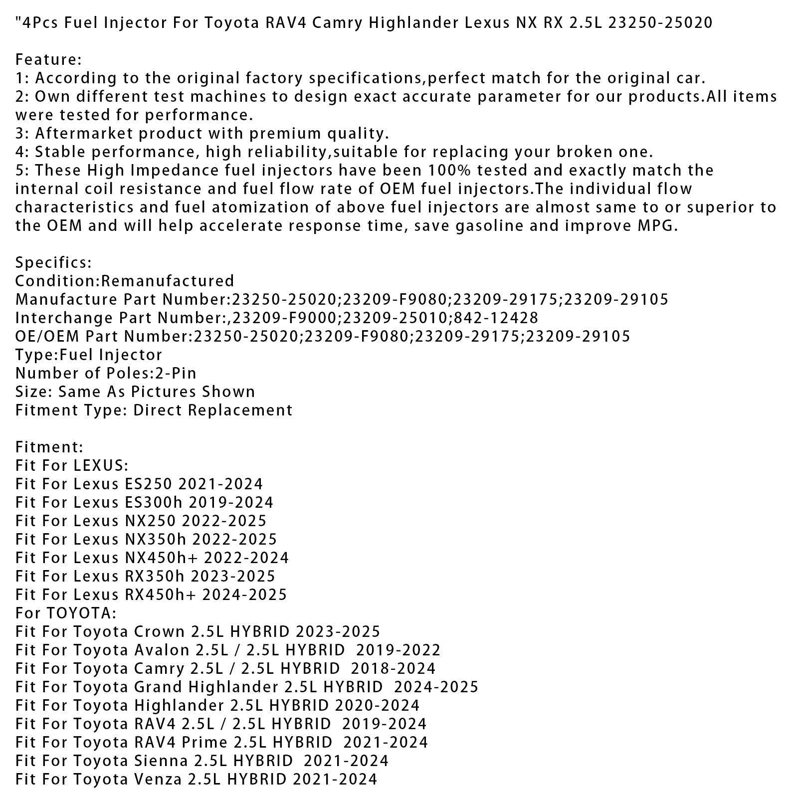 4Pcs Fuel Injector For Toyota RAV4 Camry Highlander Lexus NX RX 2.5L 23250-25020