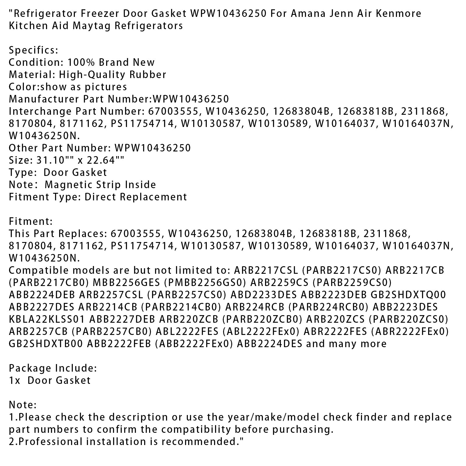 Refrigerator Freezer Door Gasket WPW10436250 For Amana Jenn Air Kenmore Kitchen