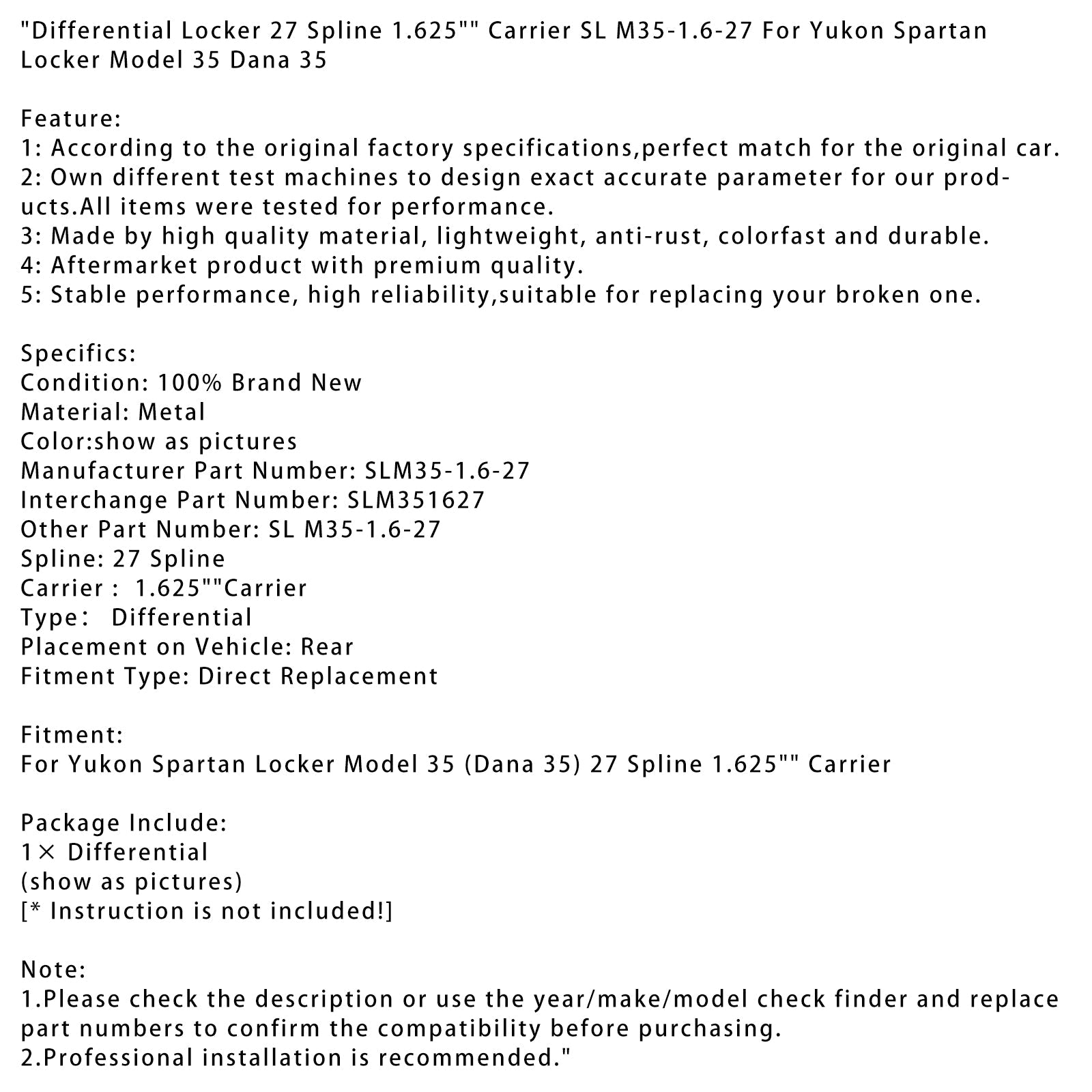 Differential Locker 27 Spline 1.625" Carrier SL M35-1.6-27 For Yukon Spartan Locker Model 35 Dana 35