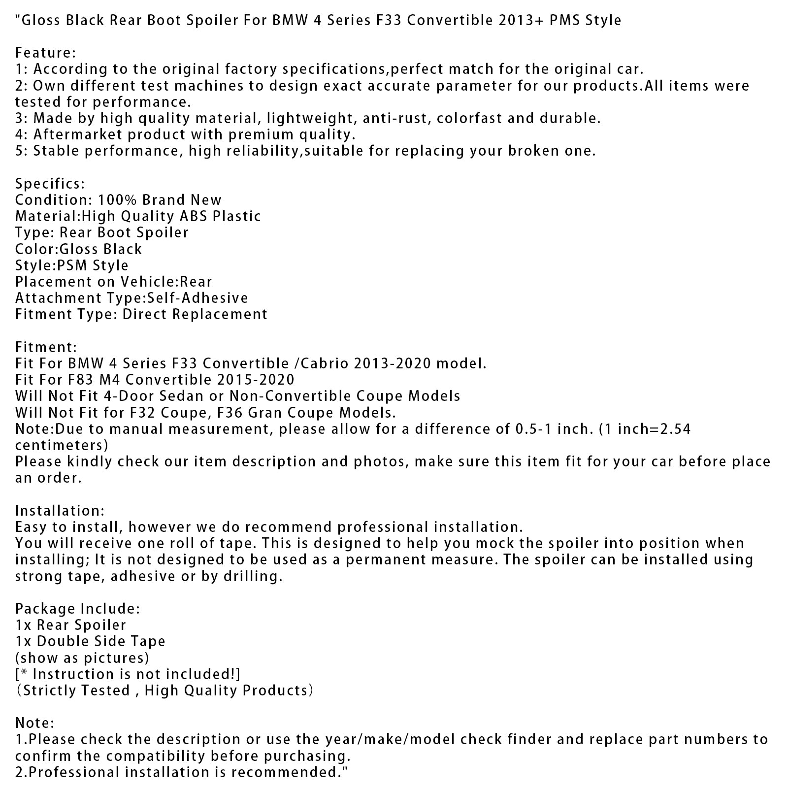 2015-2020 F83 M4 Convertible Gloss Black Rear Boot Spoiler