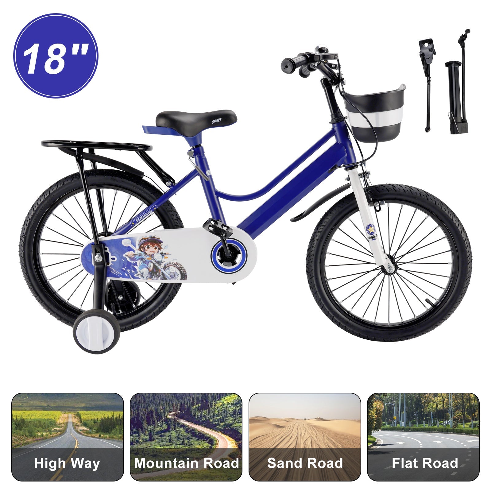18" Kids Bike for Boys and Girls with auxiliary wheels & Rack Dark Blue