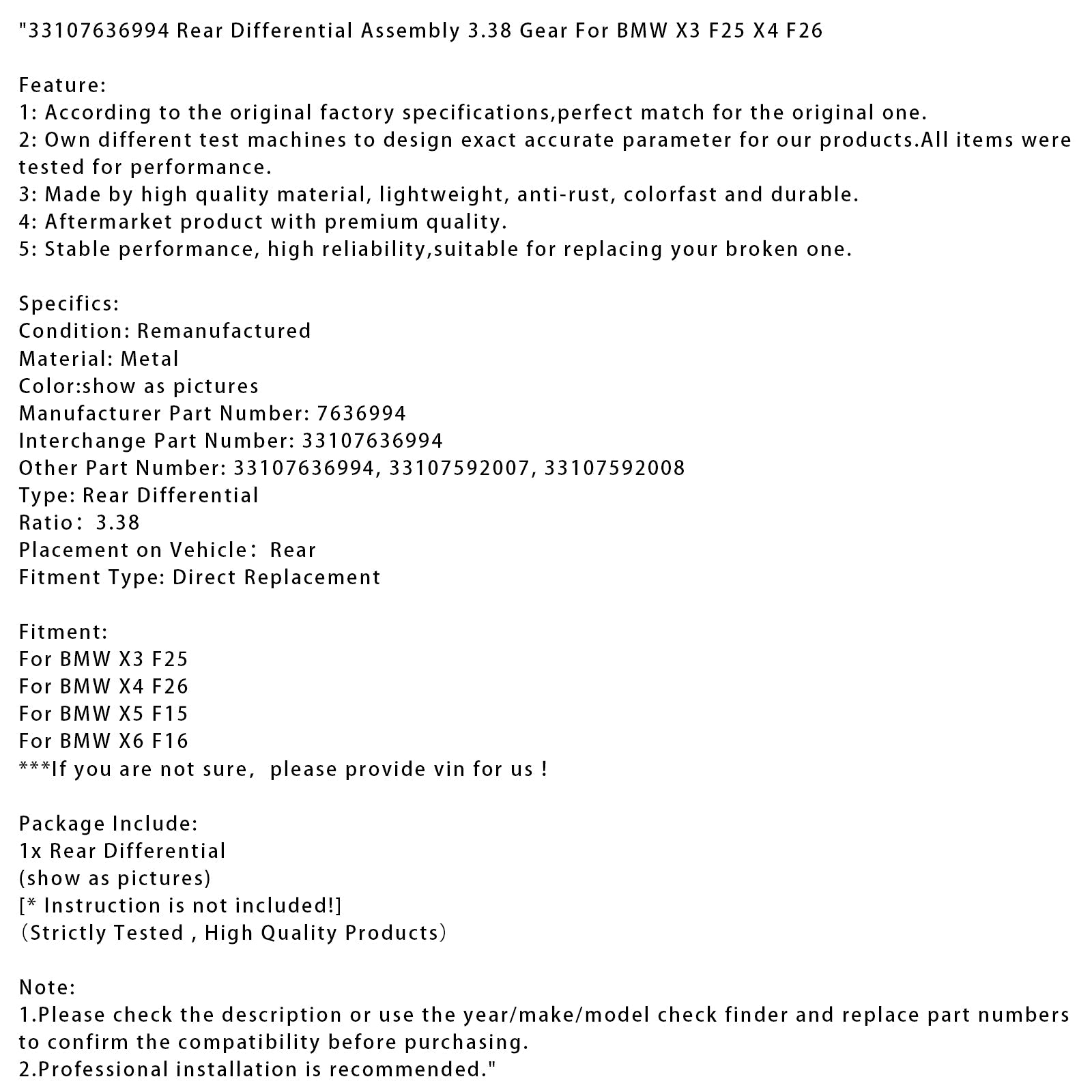 BMW X3 F25 Rear Differential Assembly 3.38 Gear 33107636994 7636994 33107592007