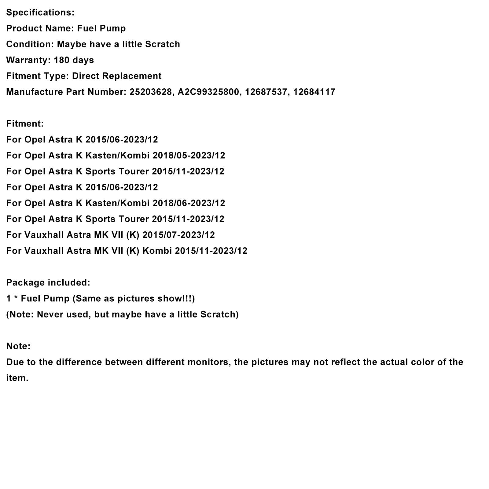 2015/11-2023/12 Vauxhall Astra MK VII (K) Kombi High Pressure Fuel Pump A2C99325800
