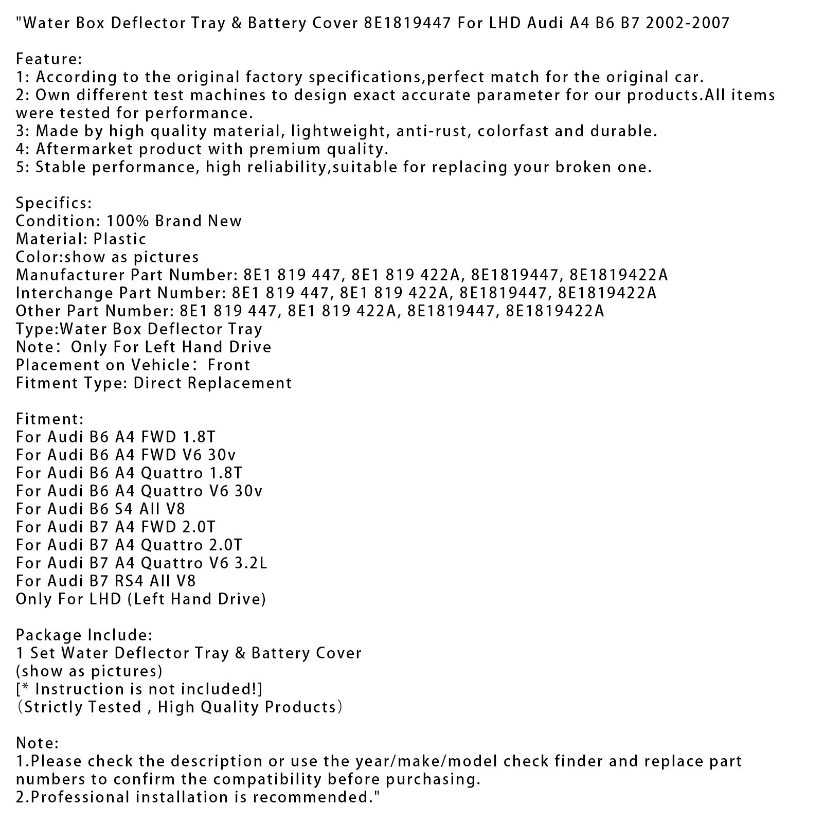 Water Box Deflector Tray & Battery Cover 8E1819447 For LHD Audi A4 B6 B7 02-2007