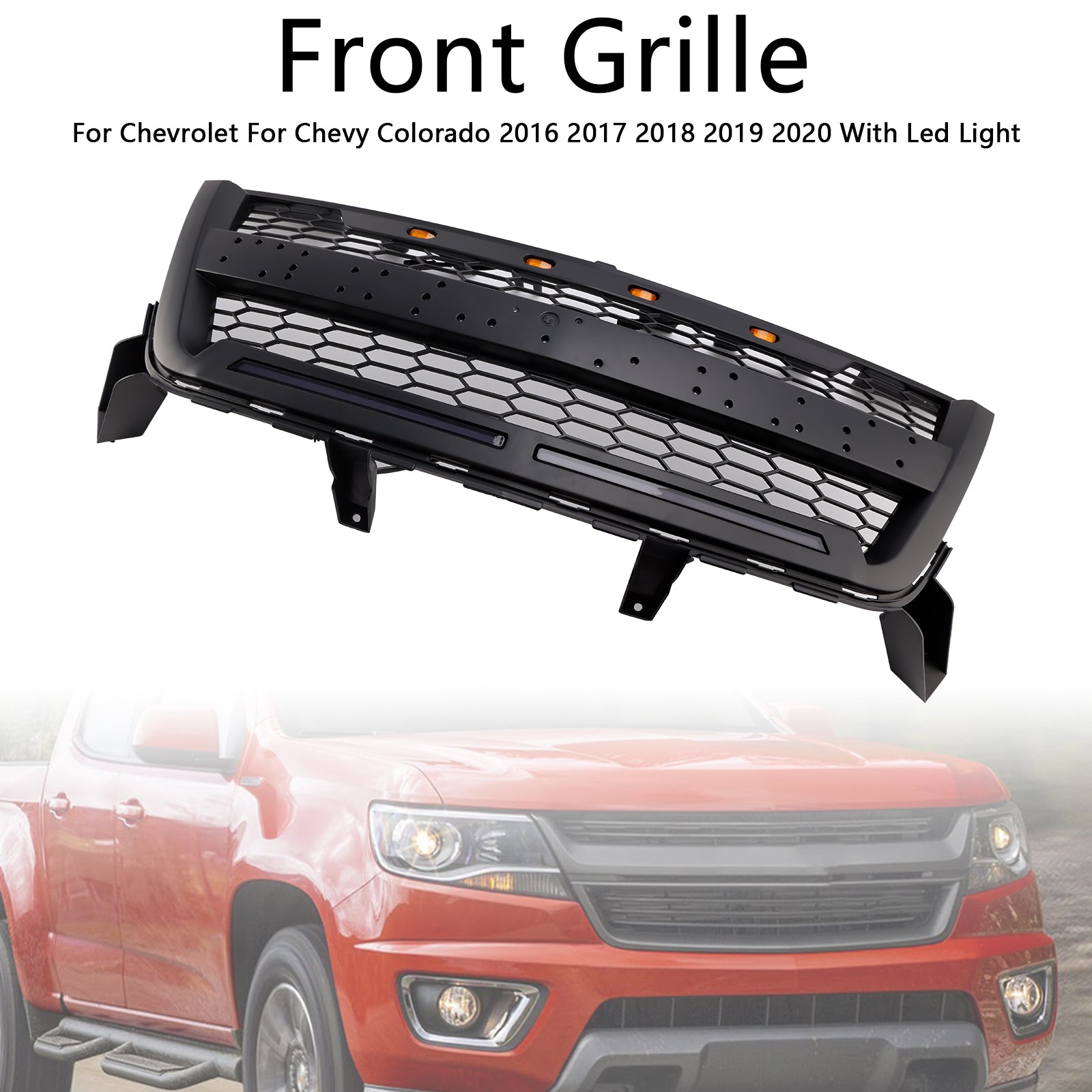 Matte Black Front Bumper Grille Grill Fit Chevy Colorado 2016-2020 W//LED