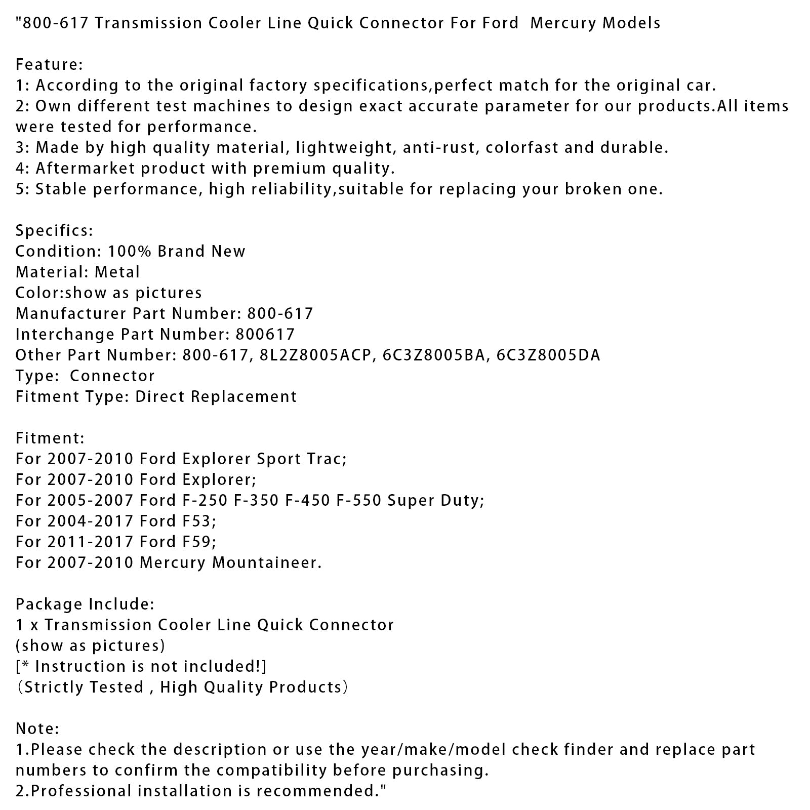 800-617 Transmission Cooler Line Quick Connector For Ford Mercury Models
