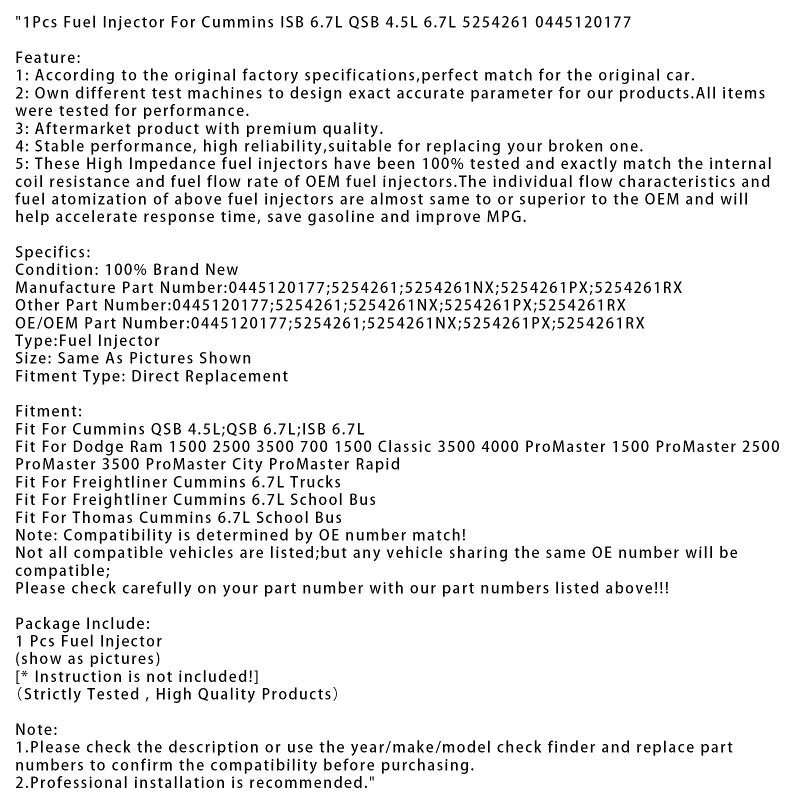 1Pcs Fuel Injector For Cummins ISB 6.7L QSB 4.5L 6.7L 5254261 0445120177