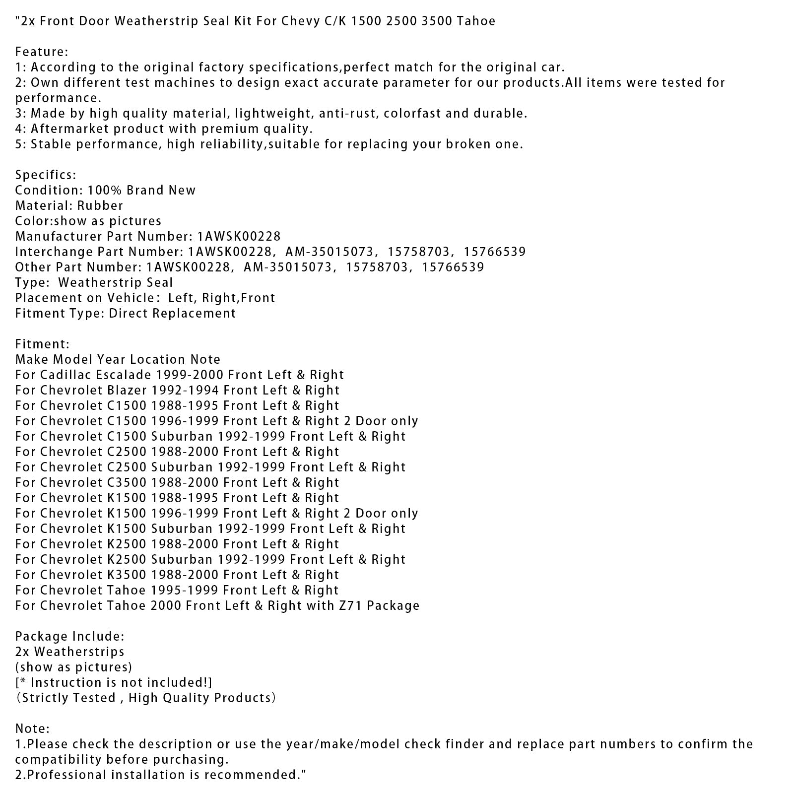 2x Front Door Weatherstrip Seal Kit For Chevy C/K 1500 2500 3500 Tahoe