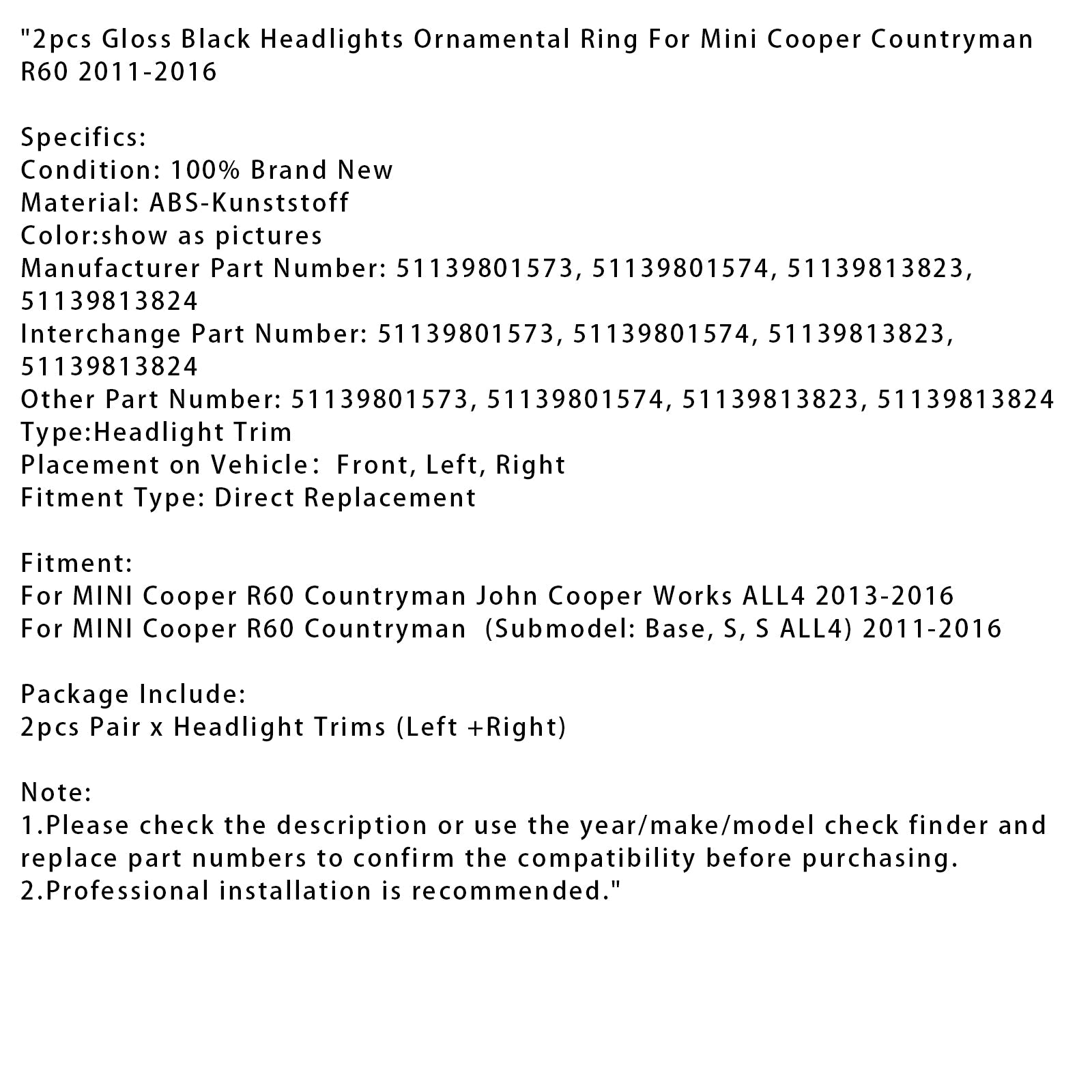 미니 쿠퍼 컨트리맨 R60용 글로스 블랙 헤드라이트 장식 링 2개
