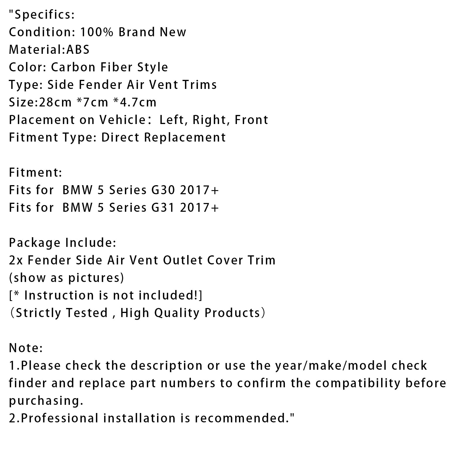 2017+ BMW 5 시리즈 G30 G31 카본 파이버 스타일 펜더 사이드 에어 벤트 트림