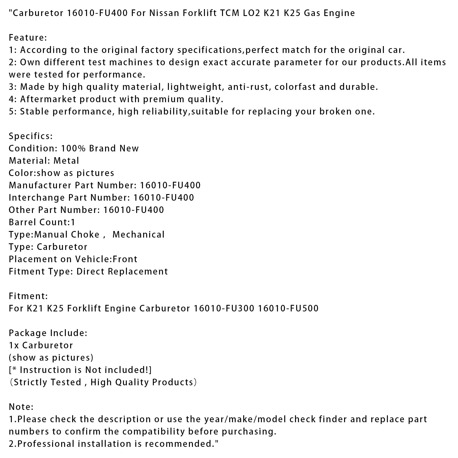 Carburetor 16010-FU400 For Nissan Forklift TCM LO2 K21 K25 Gas Engine