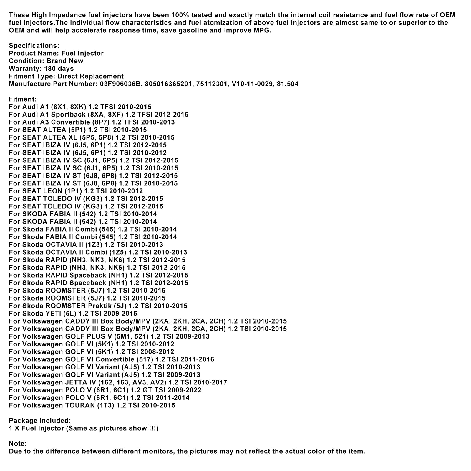 1PCS Fuel Injector 03F906036B Fit Audi A1 A3 Fit VW Beetle Golf 6 1.2 TSI/TSFI