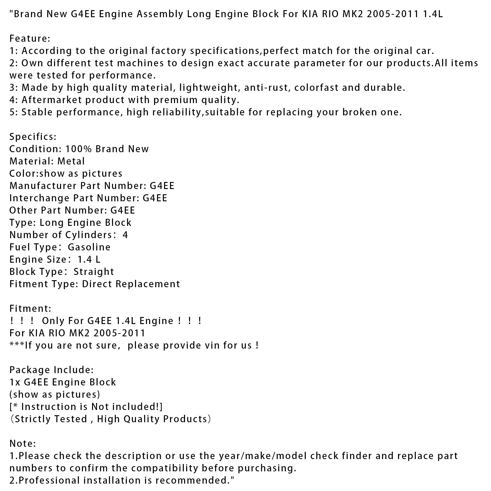 Brand New G4EE Engine Assembly Long Engine Block For KIA RIO MK2 2005-2011 1.4L