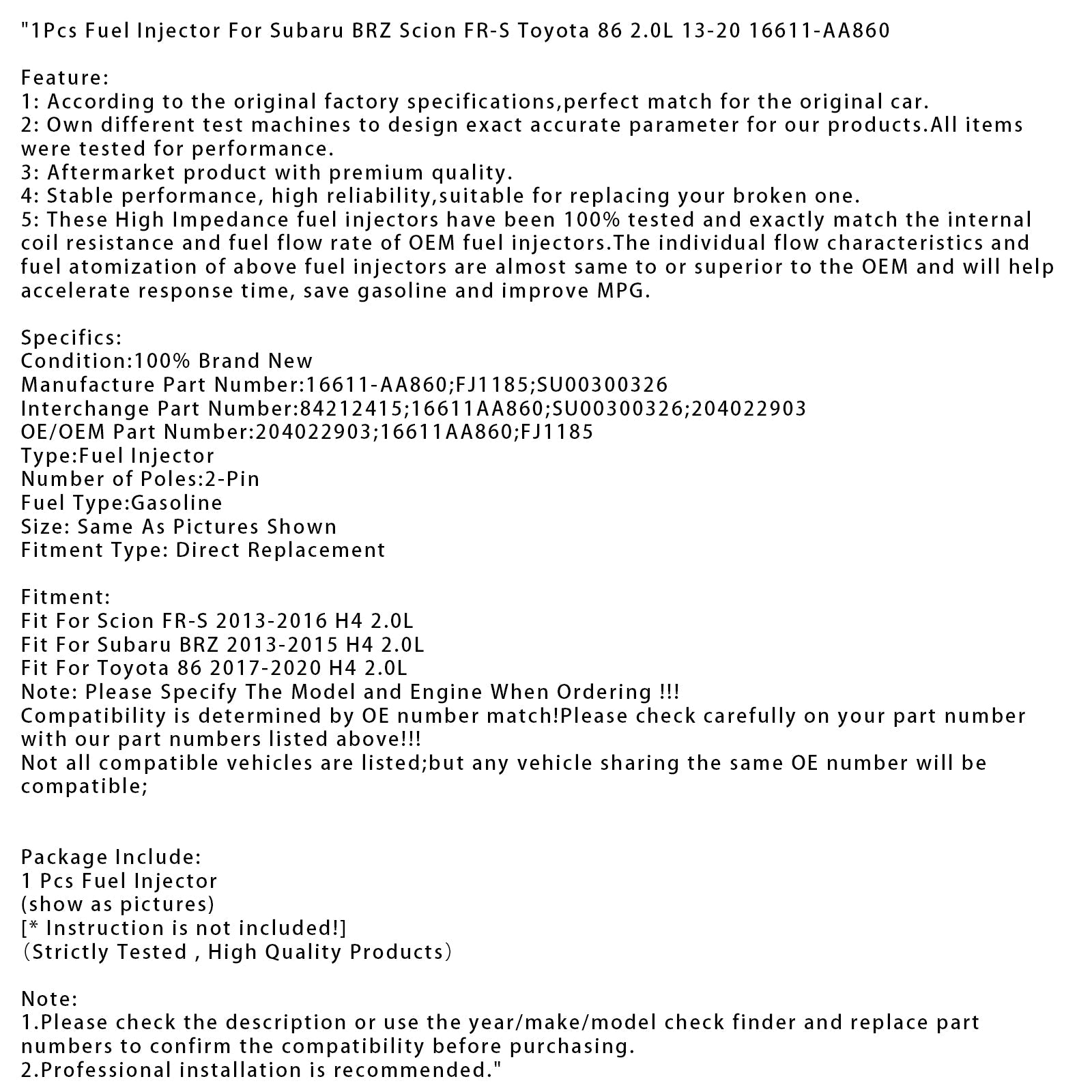1Pcs Fuel Injector For Subaru BRZ Scion FR-S Toyota 86 2.0L 13-20 16611-AA860