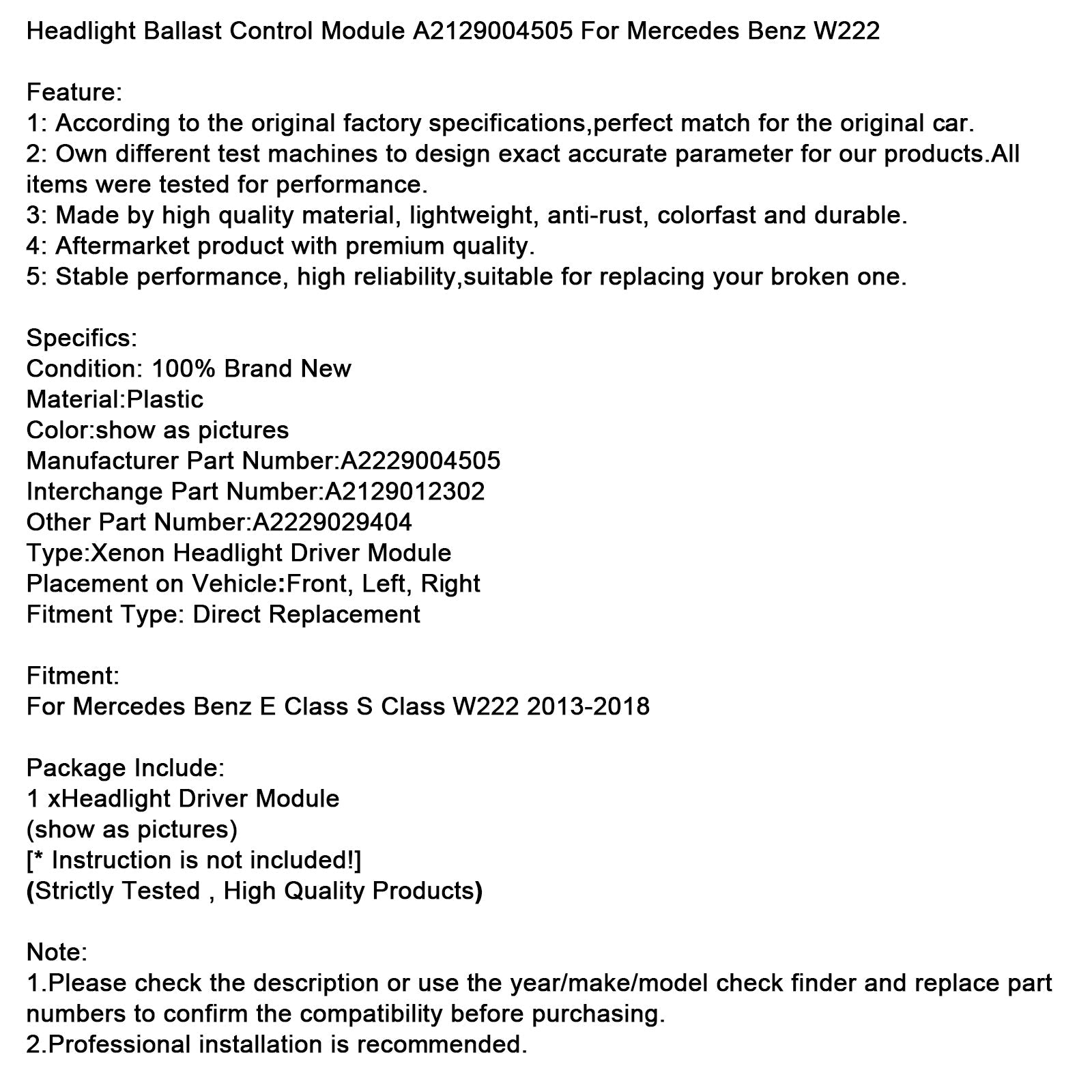 2013-2018 Mercedes Benz E Class S Class W222 Headlight Ballast Control Module A2129004505