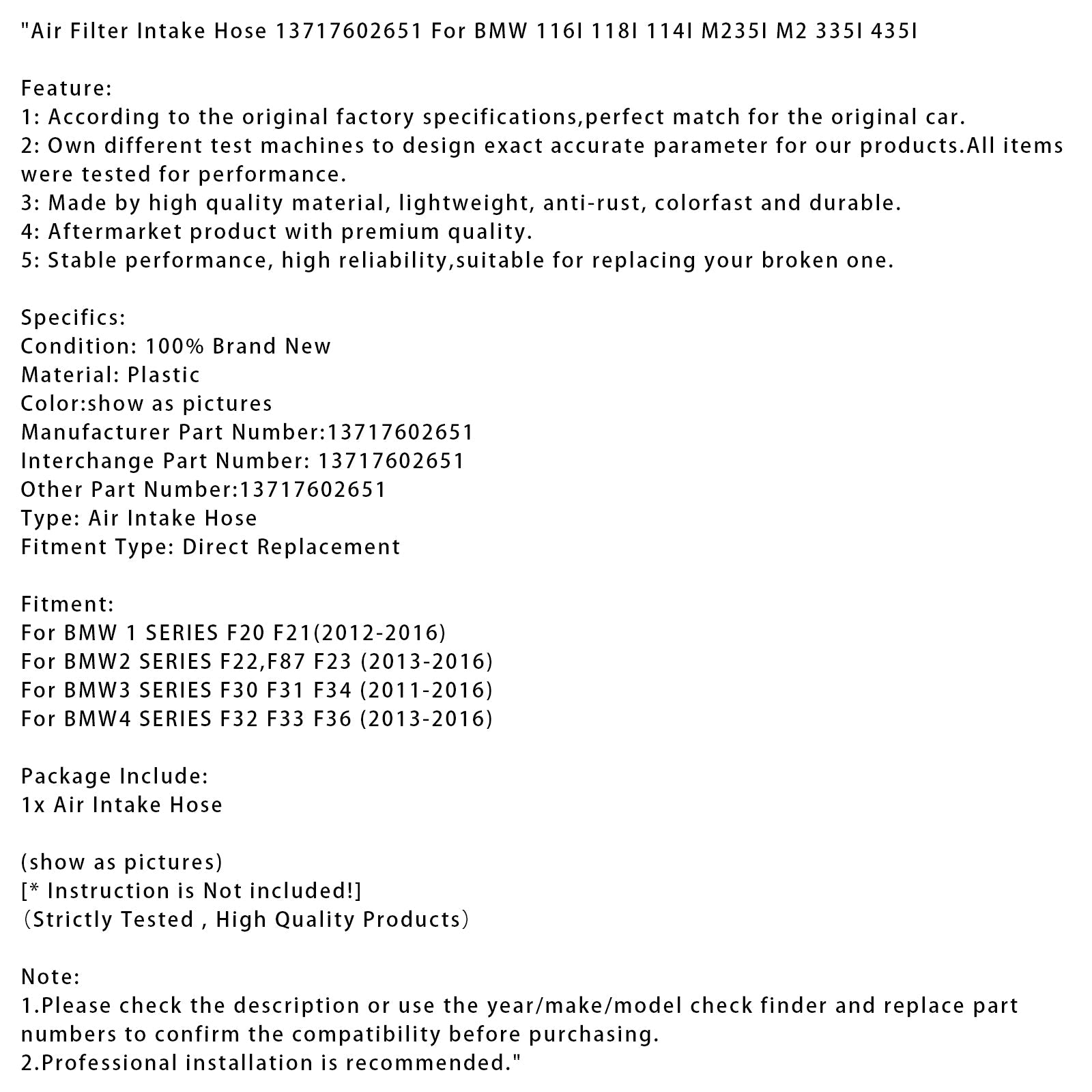 Air Filter Intake Hose 13717602651 For BMW 116I 118I 114I M235I M2 335I 435I