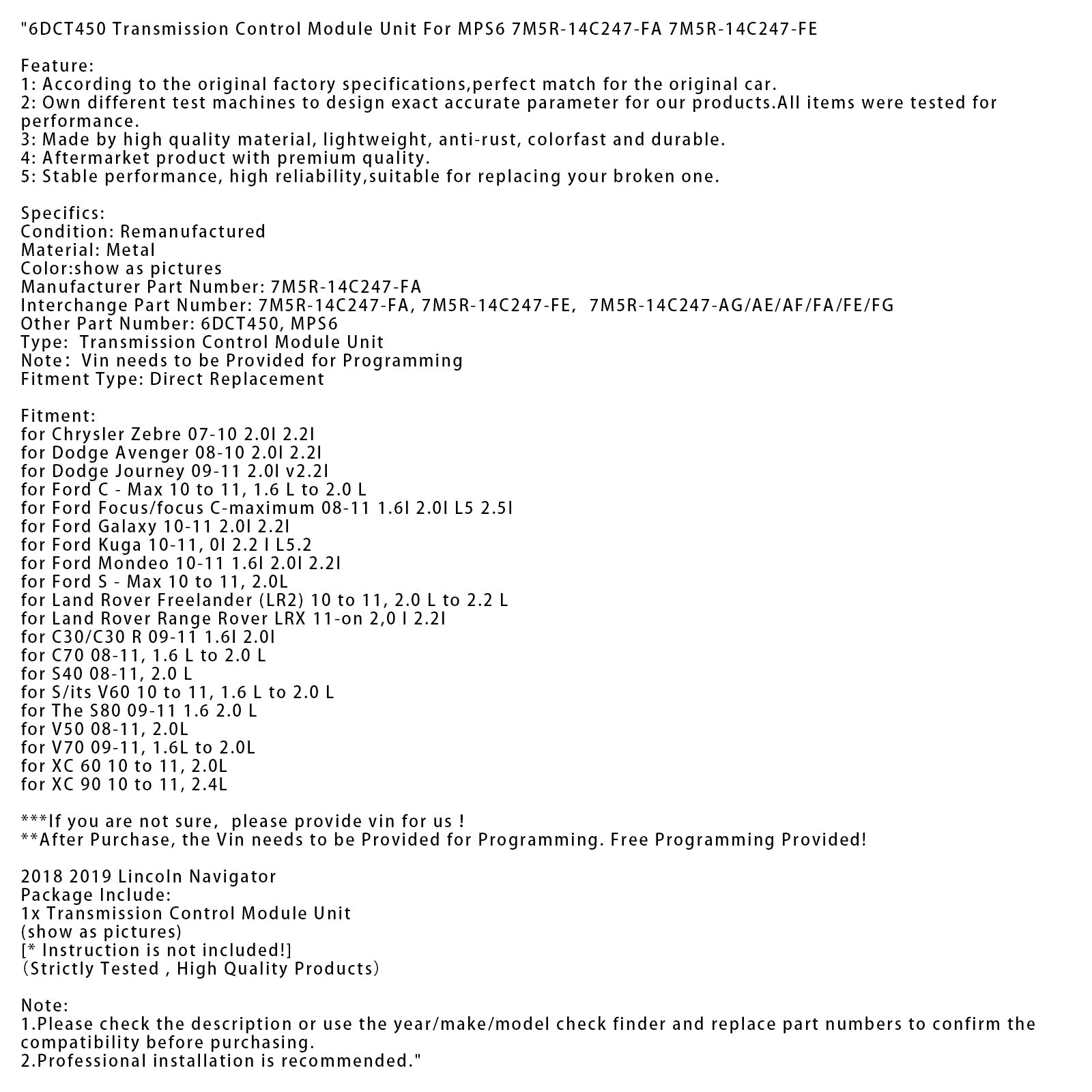 2010-2011 Ford Galaxy 2.0l 2.2l 6DCT450 Transmission Control Module Unit MPS6 7M5R-14C247-FA 7M5R-14C247-FE