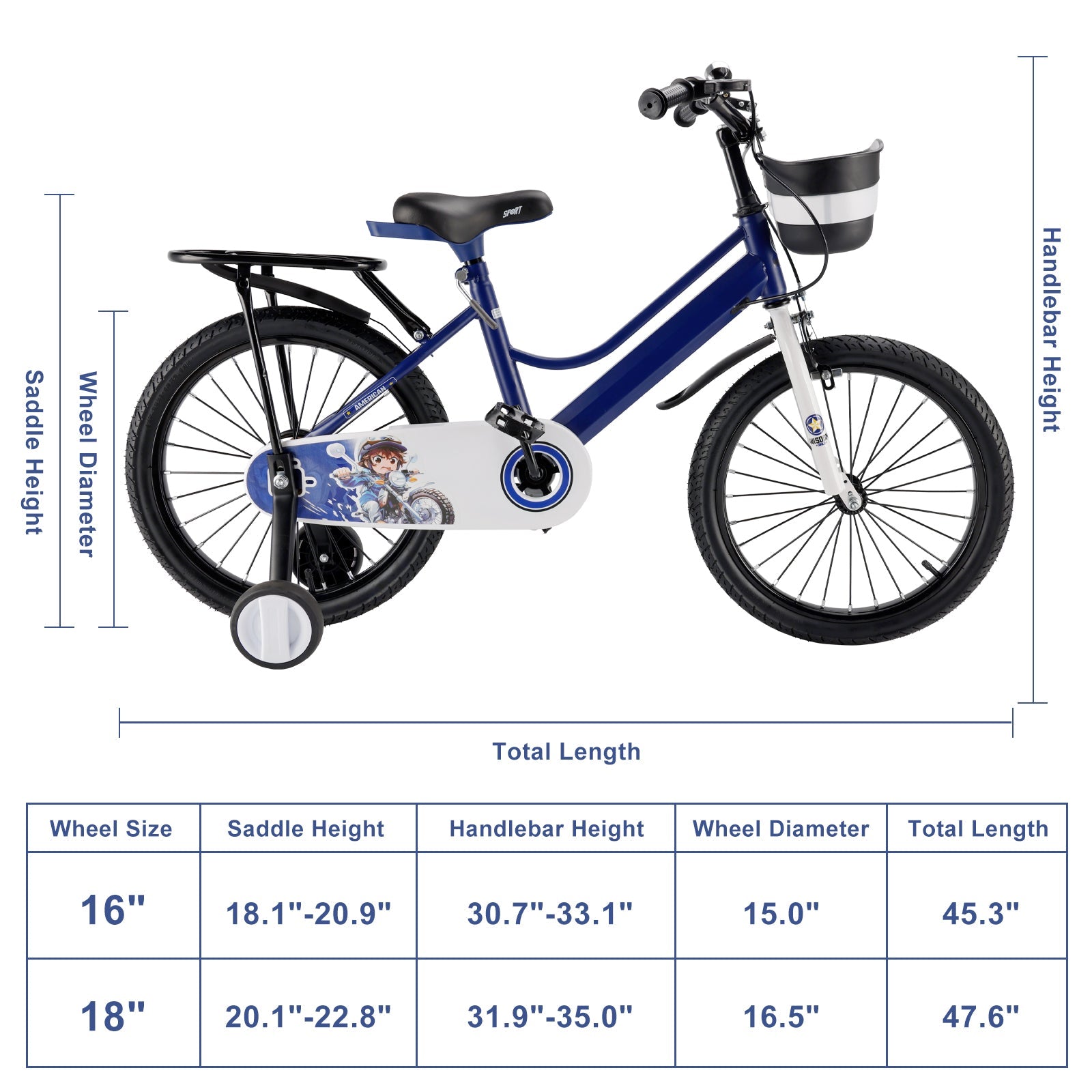 16"/18" Kids Bike for Boys and Girls with auxiliary wheels & Rack & Basket