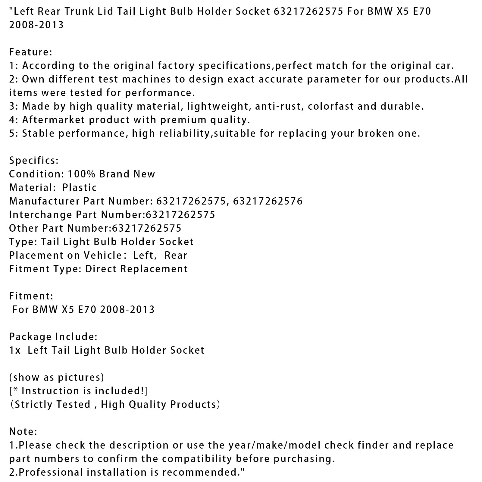 2008-2013 BMW X5 E70 Left Rear Trunk Lid Tail Light Bulb Holder Socket