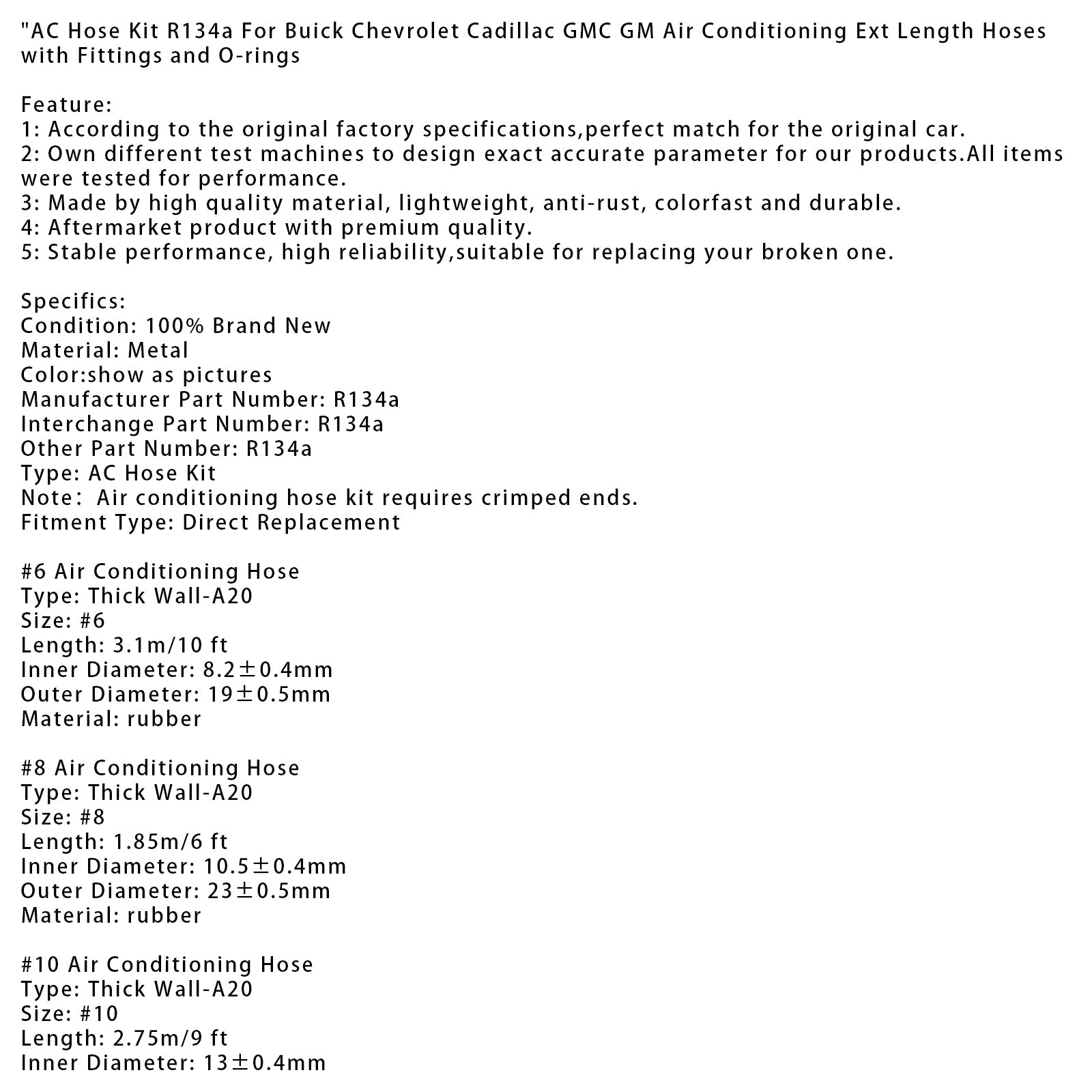 AC Hose Kit R134a For Buick Chevrolet Cadillac GMC GM Air Conditioning