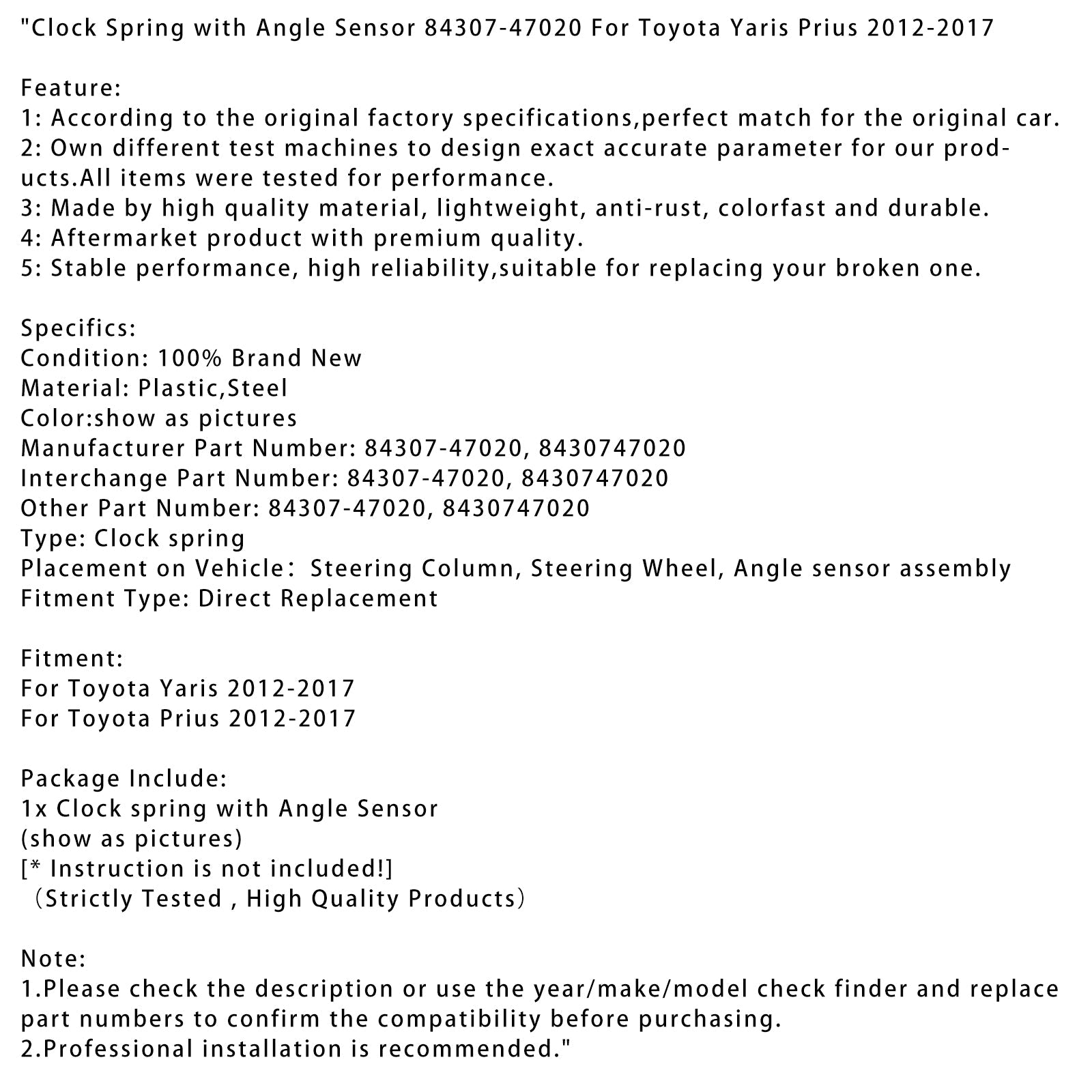 2012-2017 Toyota Yaris Clock Spring with Angle Sensor 84307-47020 8430747020