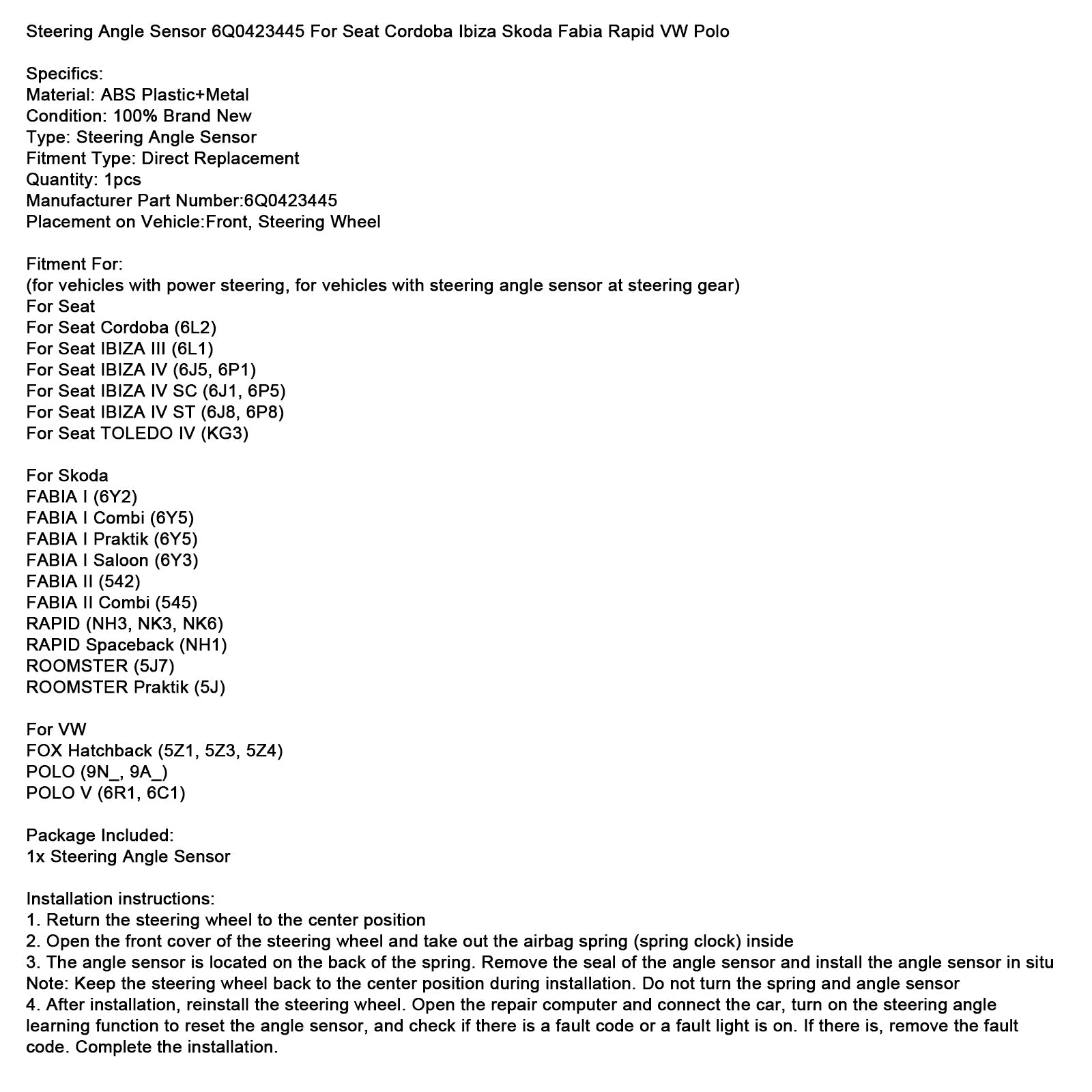 Steering Angle Sensor 6Q0423445 For Seat Cordoba Ibiza Skoda Fabia Rapid VW Polo