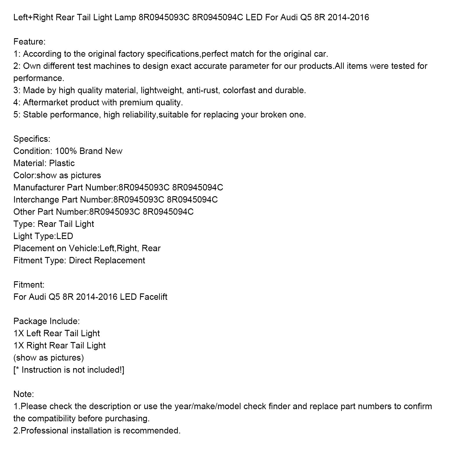 Audi Q5 8R 2014-2016 L+R Pair Rear Tail Light Lamp 8R0945094C/93C LED