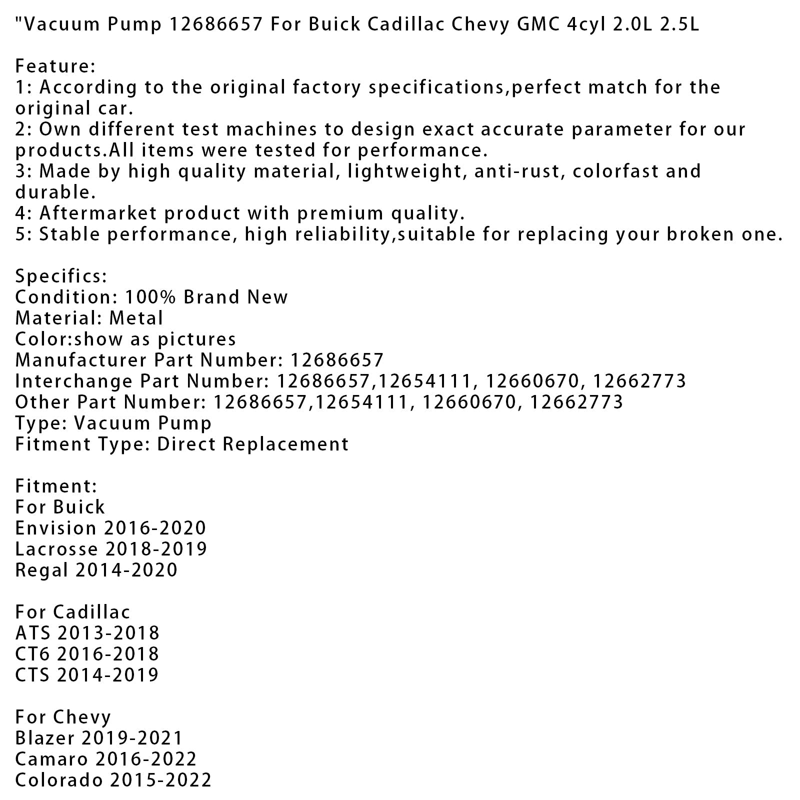 2014-2019 Cadillac CTS Vacuum Pump 12686657 12654111