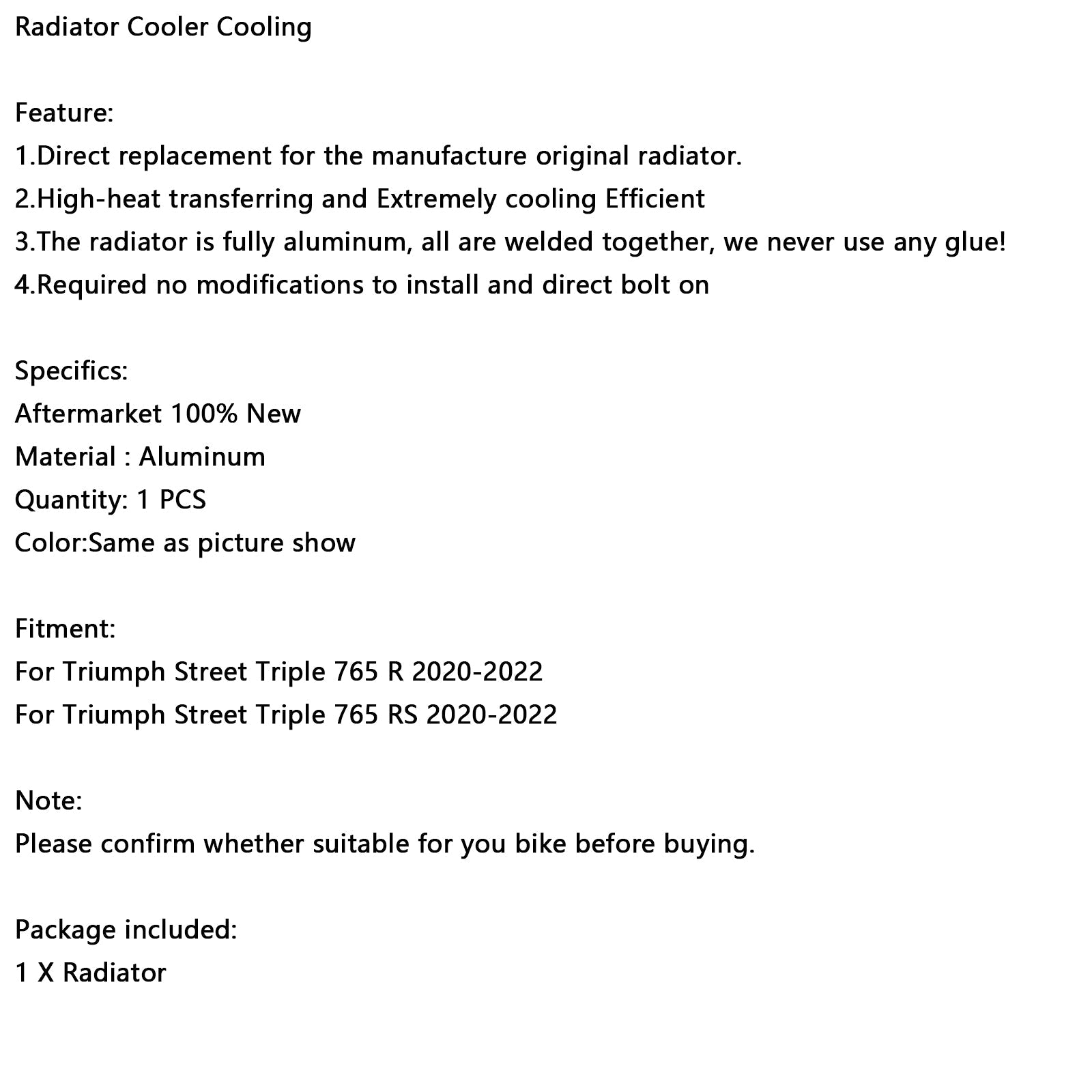 2020-2022 Triumph Street Triple 765 RS Radiator Cooling Engine Cooler