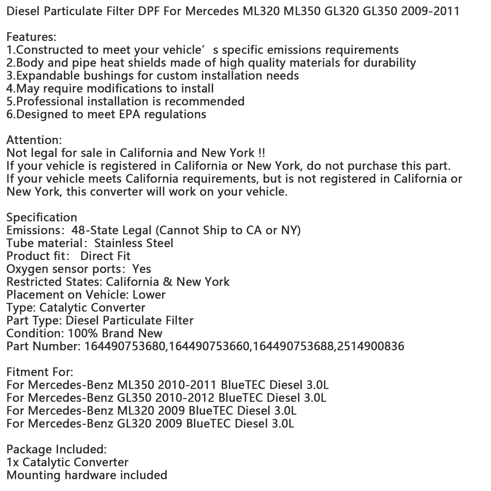 2009 Mercedes-Benz GL320 BlueTEC Diesel 3.0L Diesel Particulate Filter DPF 164490753680 164490753660