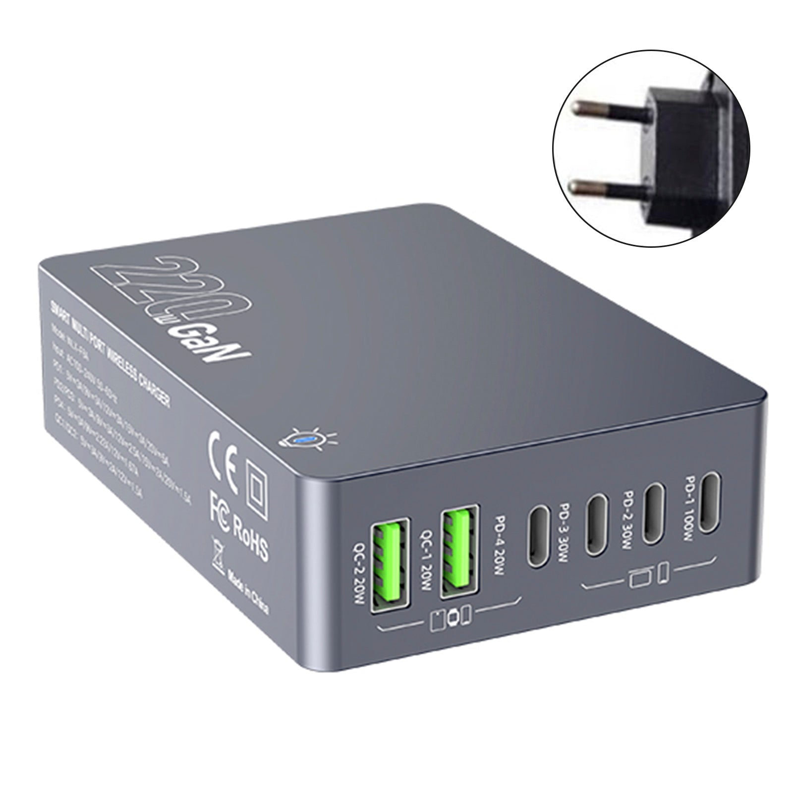 F8A Desktop Charging Station USB 6-Port Fast Charger PD100W Charging Stand Smart Charger EU Plug