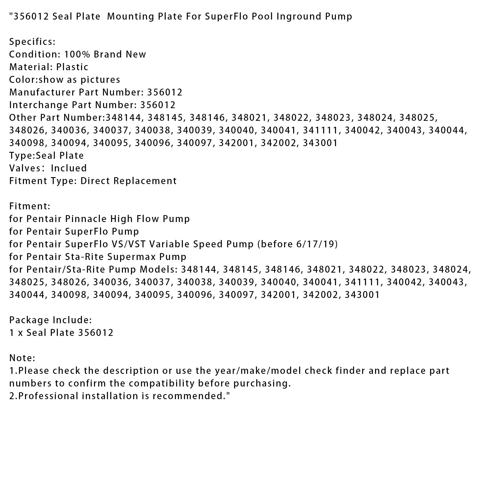 356012 SuperFlo 풀 매설 펌프용 씰 플레이트 장착 플레이트