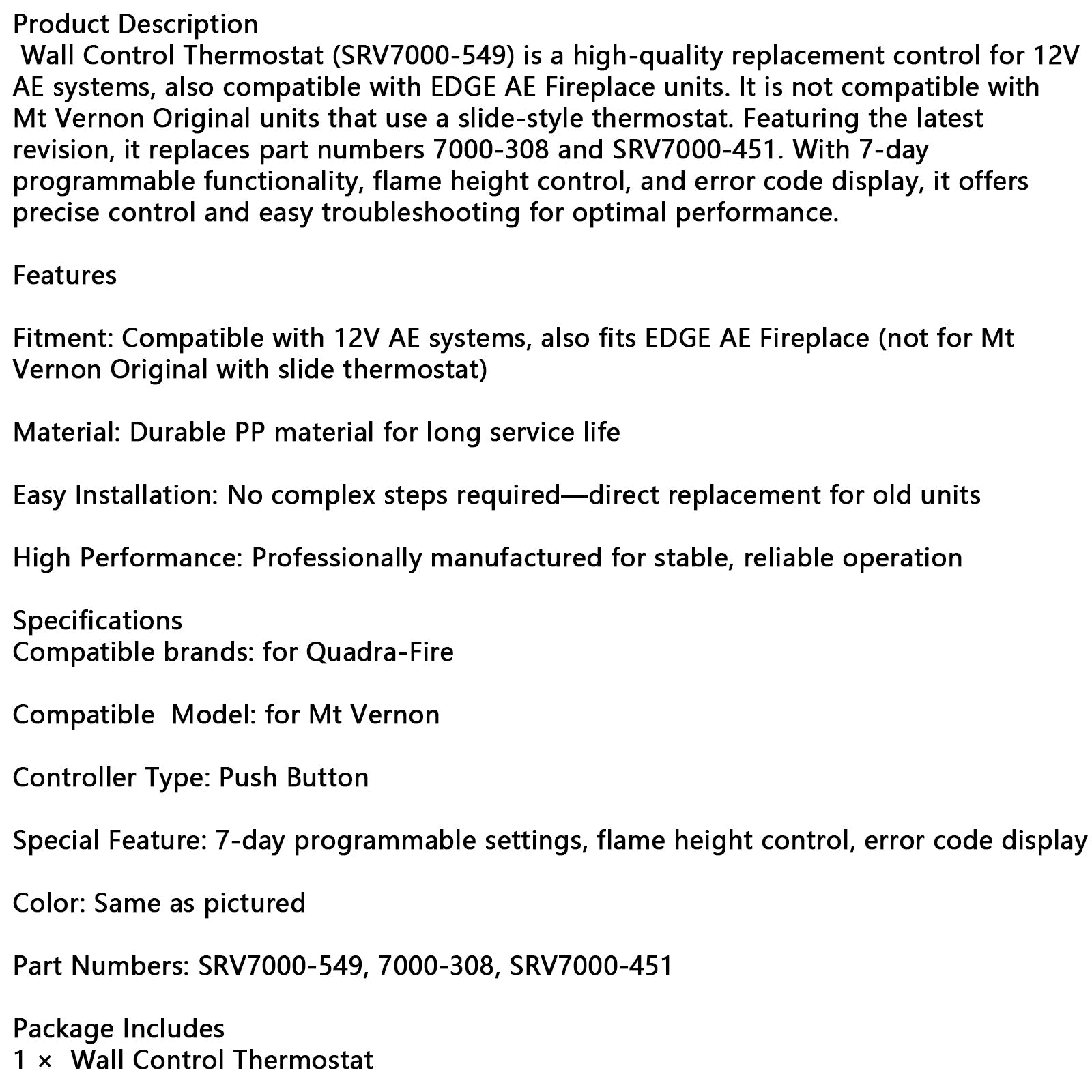SRV7000-549 Wall Control Thermostat Compatible with QuadraFire MT Vernon AE
