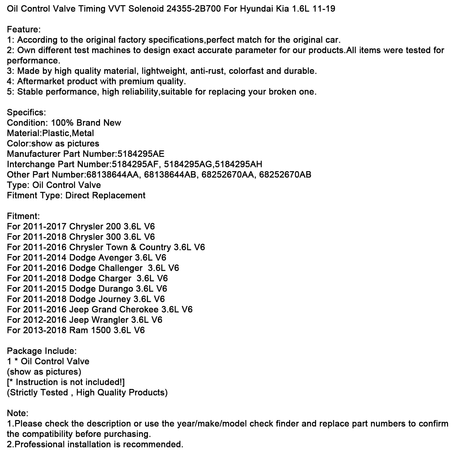 Oil Control Valve Timing VVT Solenoid 5184295AE For Chrysler Dodge Jeep 11-18