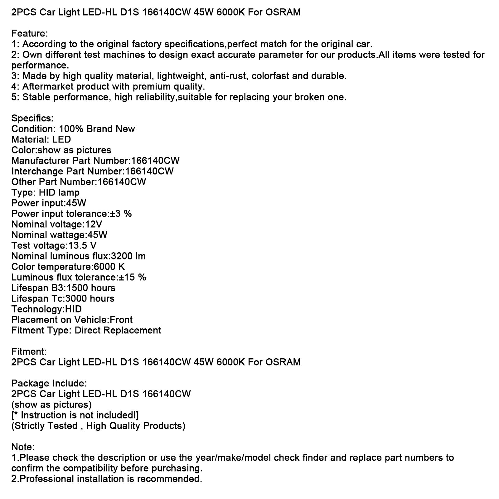 오스람용 2개 자동차 조명 LED-HL D1S 166140CW 45W 6000K