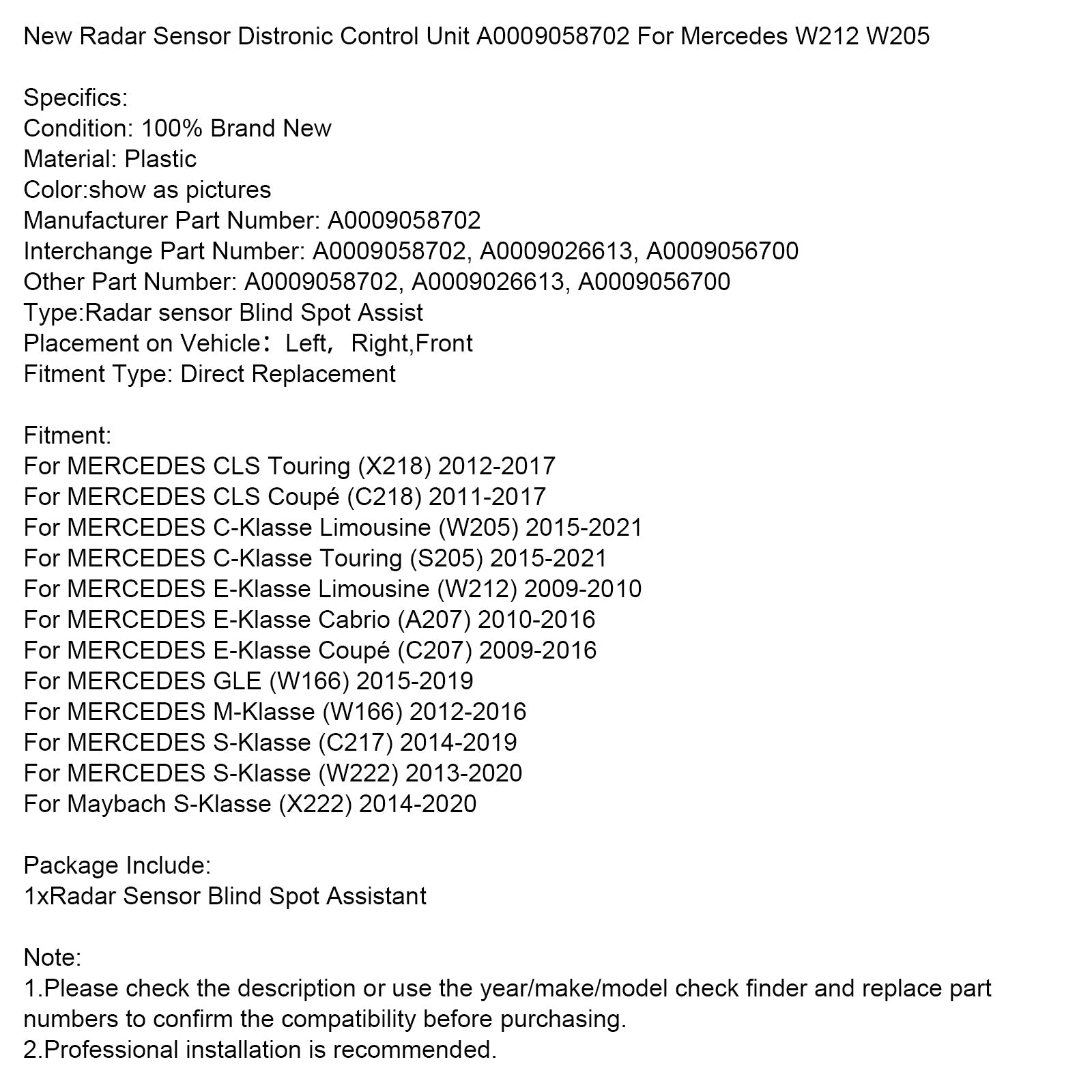 2009-2016 MERCEDES E-Klasse Coup“? (C207) New Radar Sensor Distronic Control Unit A000905870 A0009026613