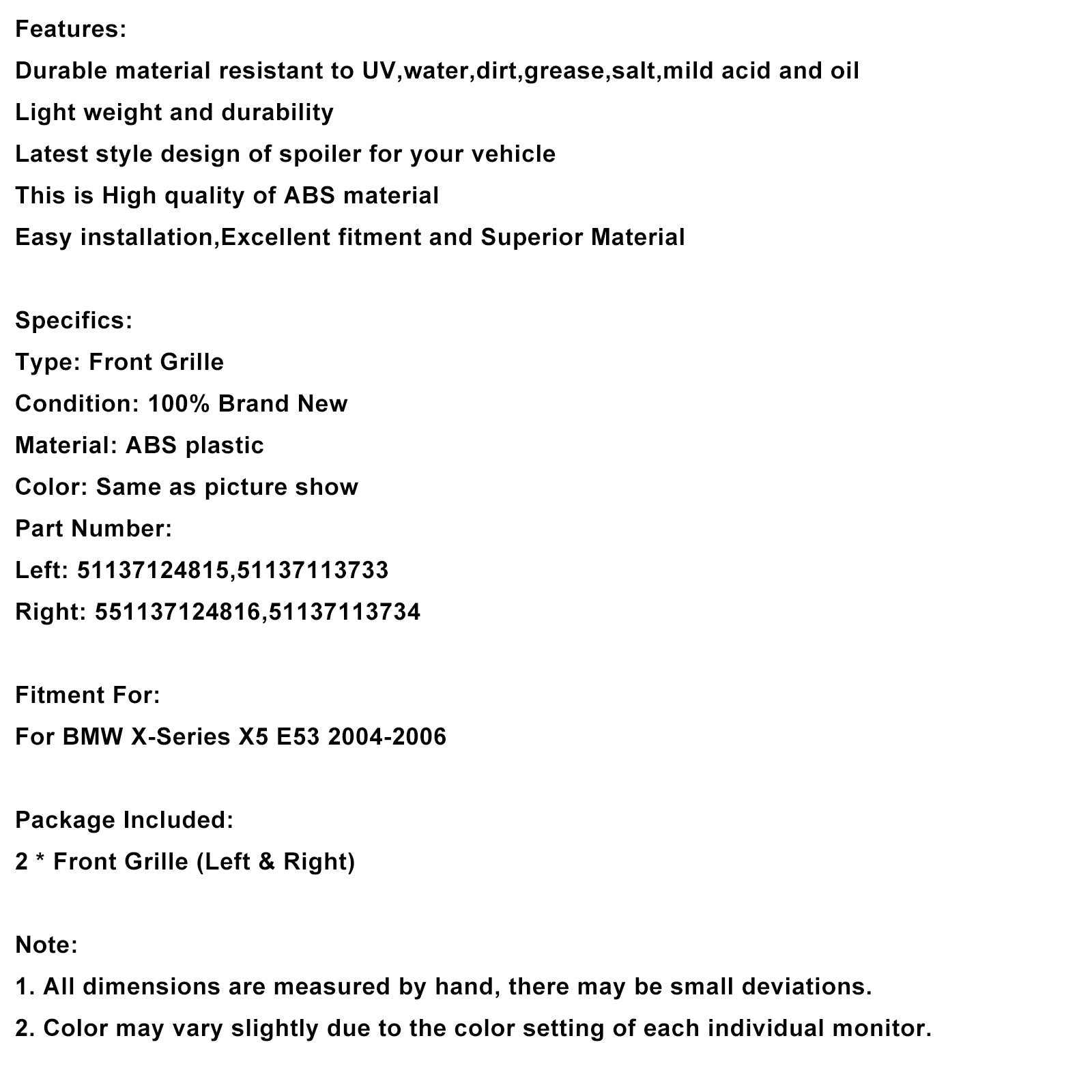 2004-2006 BMW X-Series X5 E53 Gloss Black Front Kidney Grille Grill