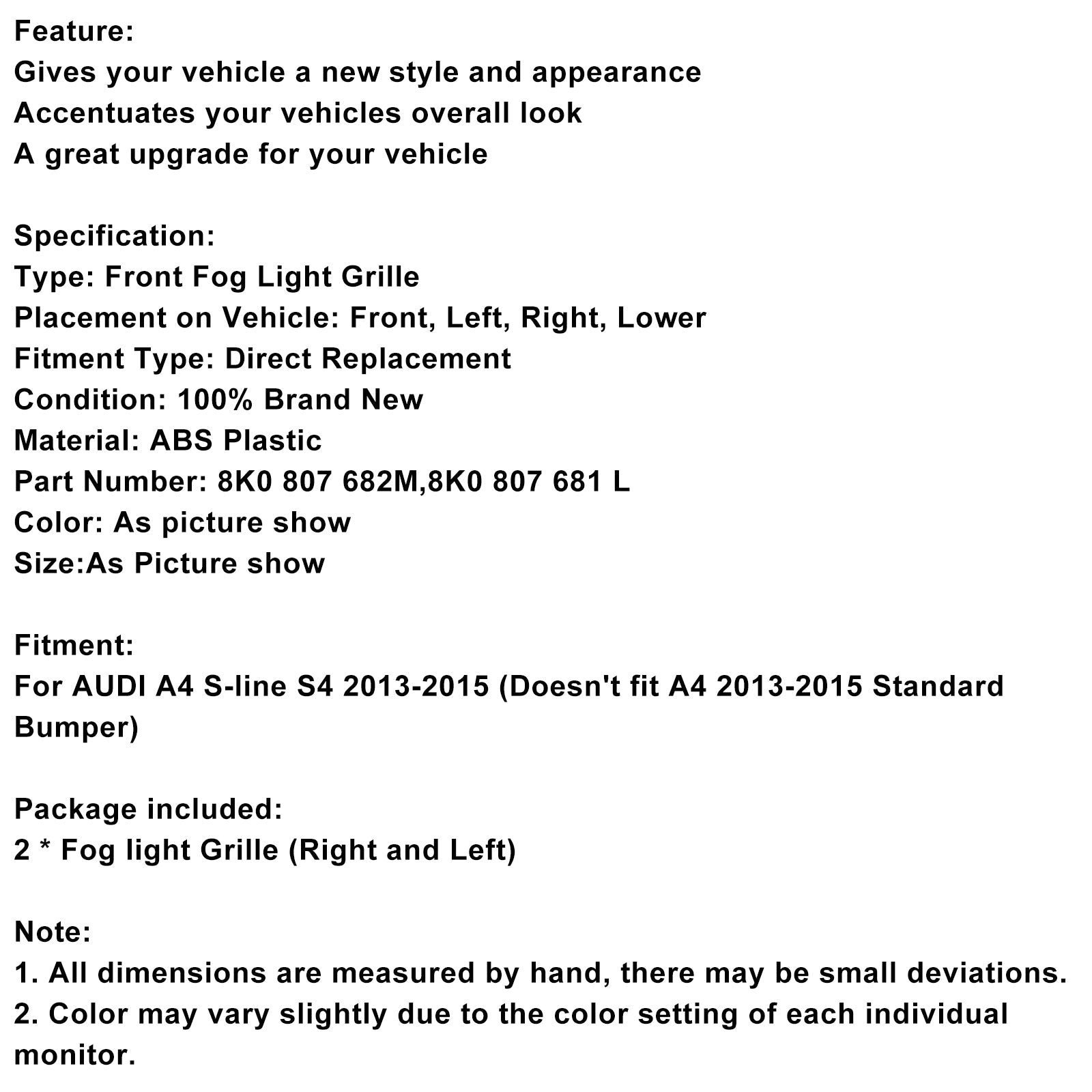 2013-2015 Audi A4 S-line S4 2PCS Bumper Fog Light Lamp Cover Grille Grill
