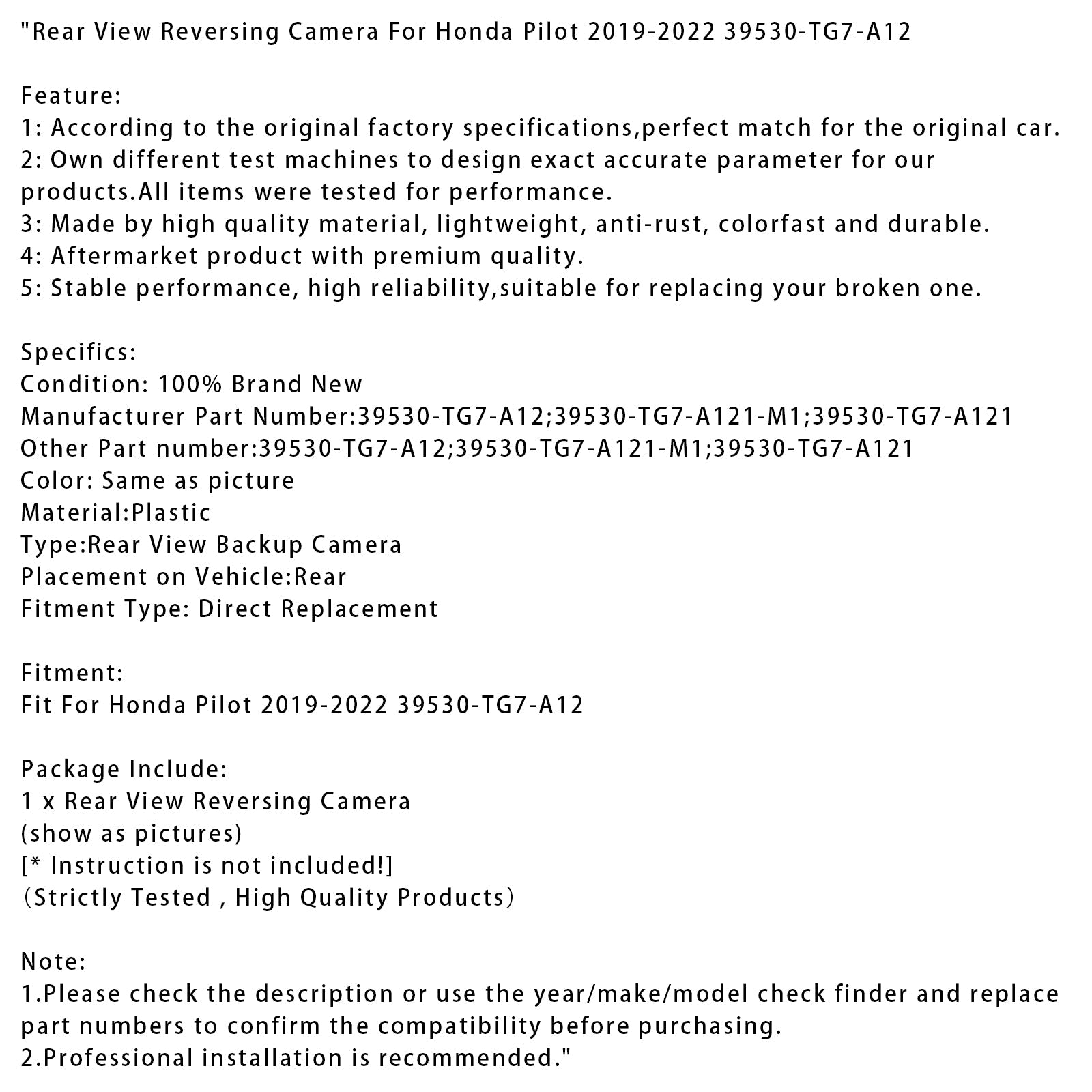 2019-2022 Honda Pilot Rear View Reversing Camera 39530-TG7-A12