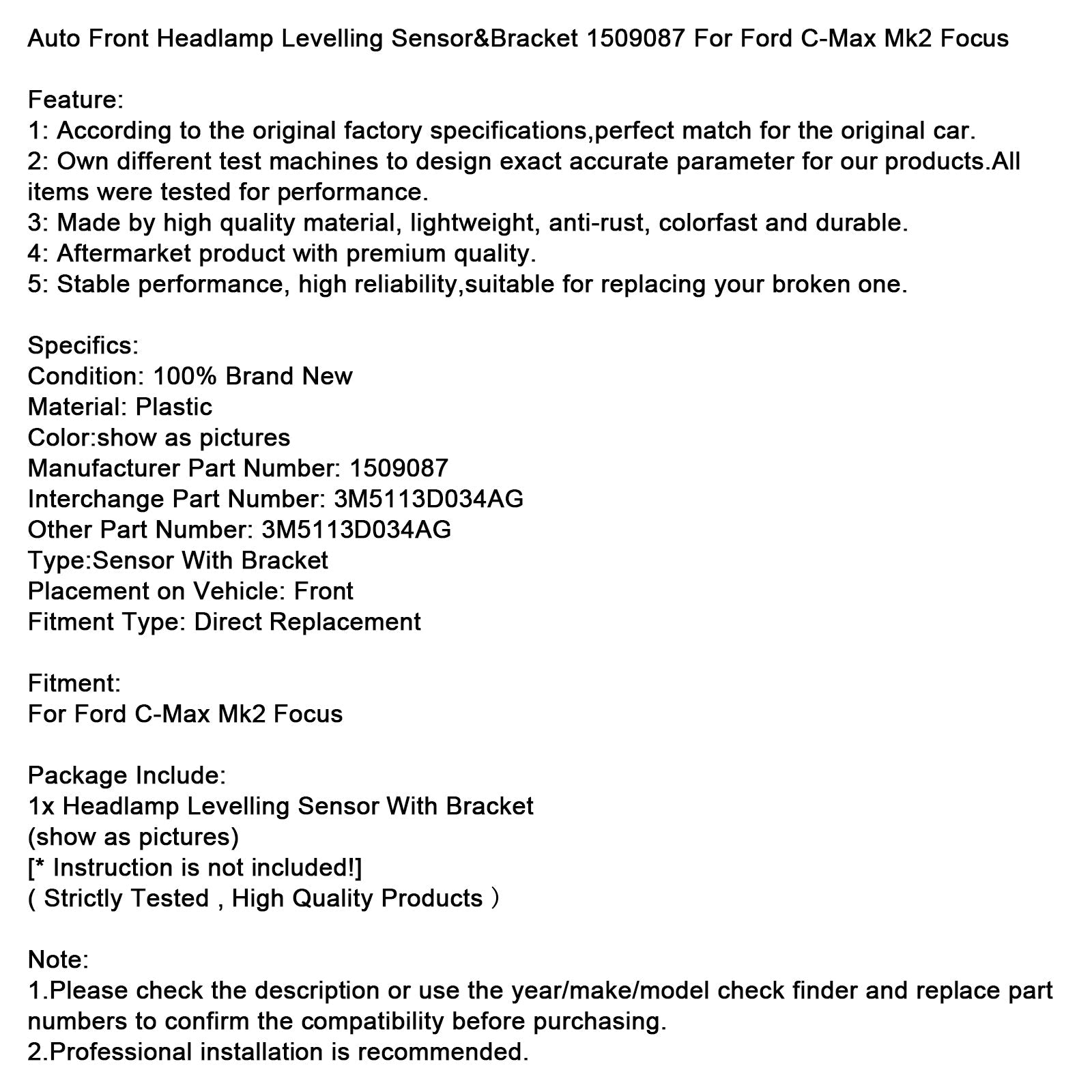 Ford C-Max Mk2 Focus Auto Front Headlamp Levelling Sensor&Bracket 1509087