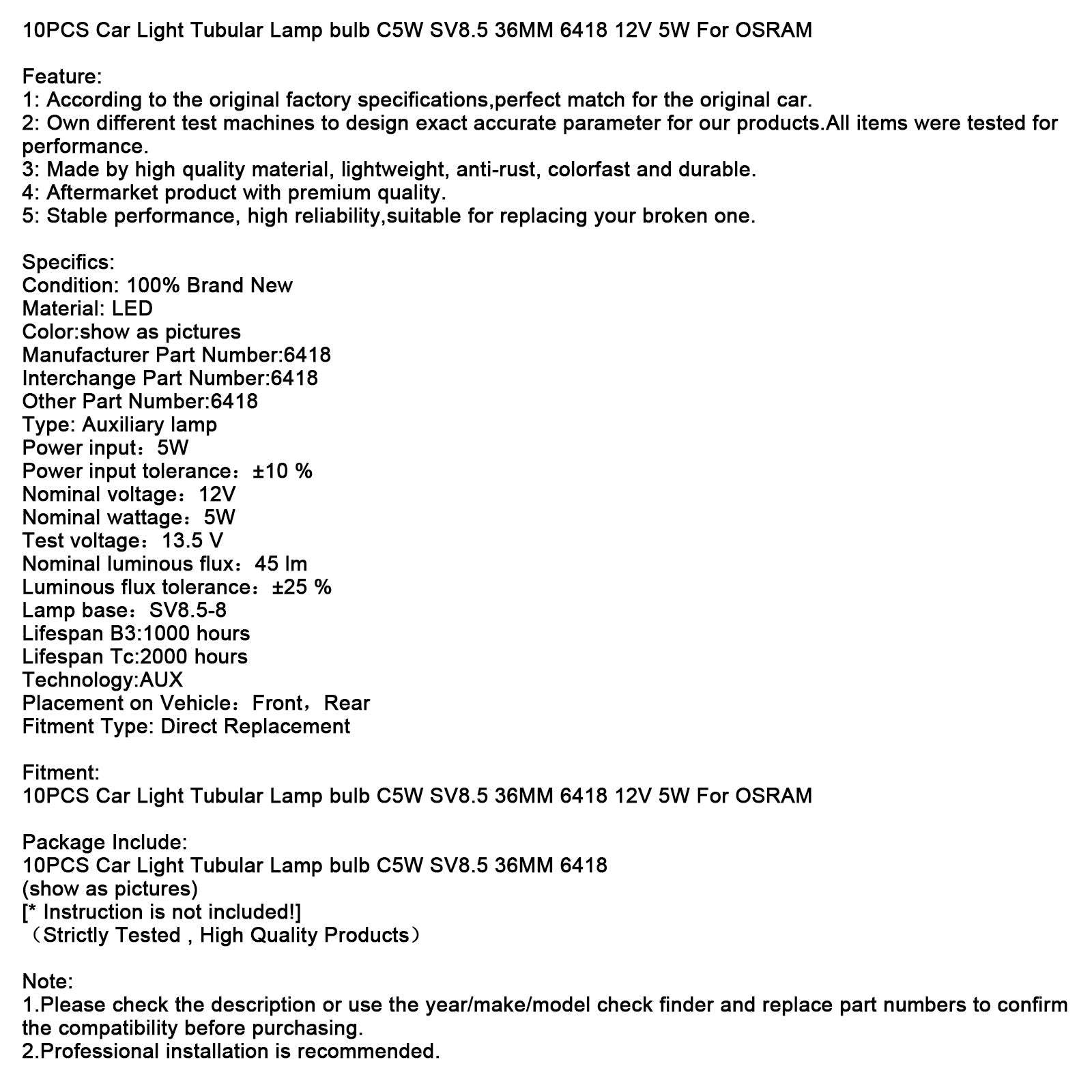 10PCS Car Light Tubular Lamp bulb C5W SV8.5 36MM 6418 12V 5W For OSRAM