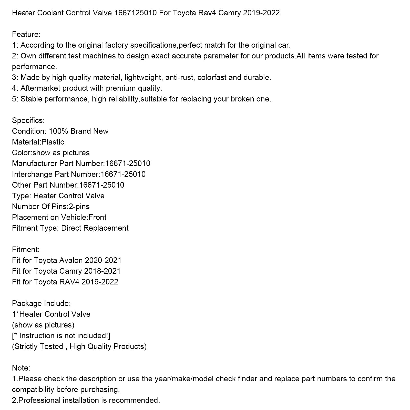 Heater Coolant Control Valve 1667125010 For Toyota Rav4 Camry 2019-2022