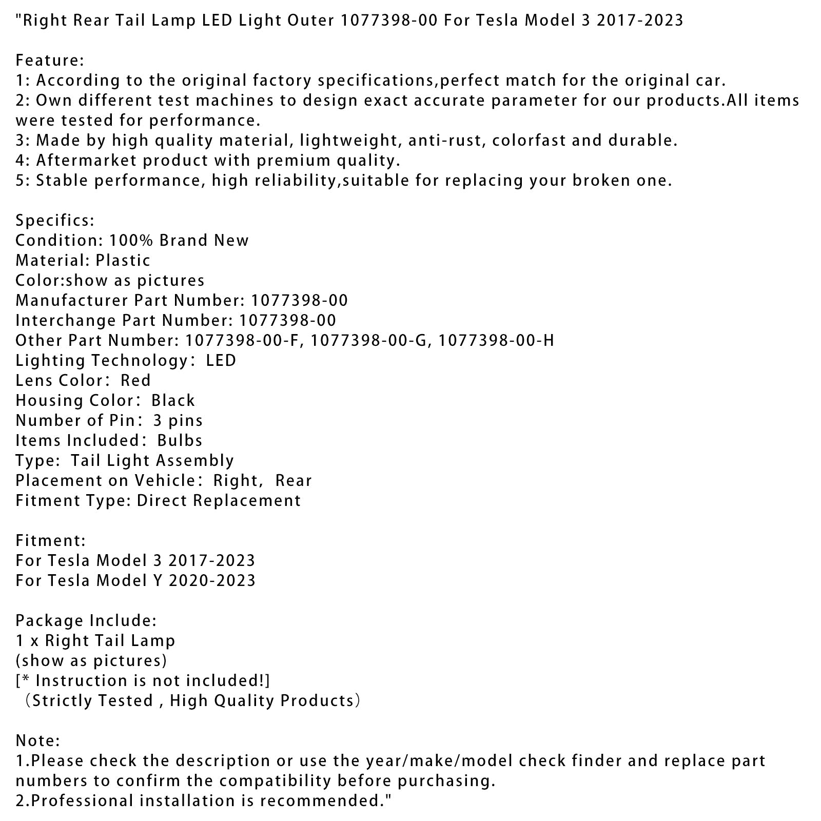 2017-2023 Tesla Model 3 Right Rear Tail Lamp LED Light Outer 1077398-00