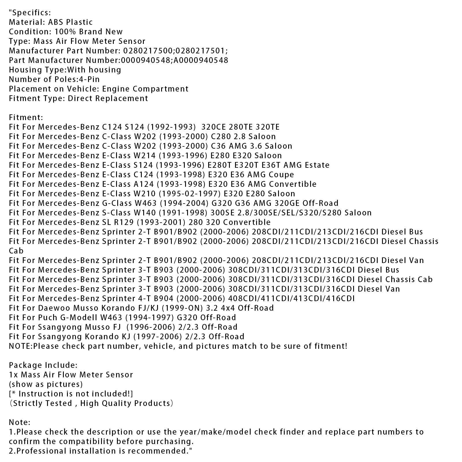 Mass Air Flow Meter Sensor For Mercedes W202 W140 Sprinter 2-T 3-T 0280217500