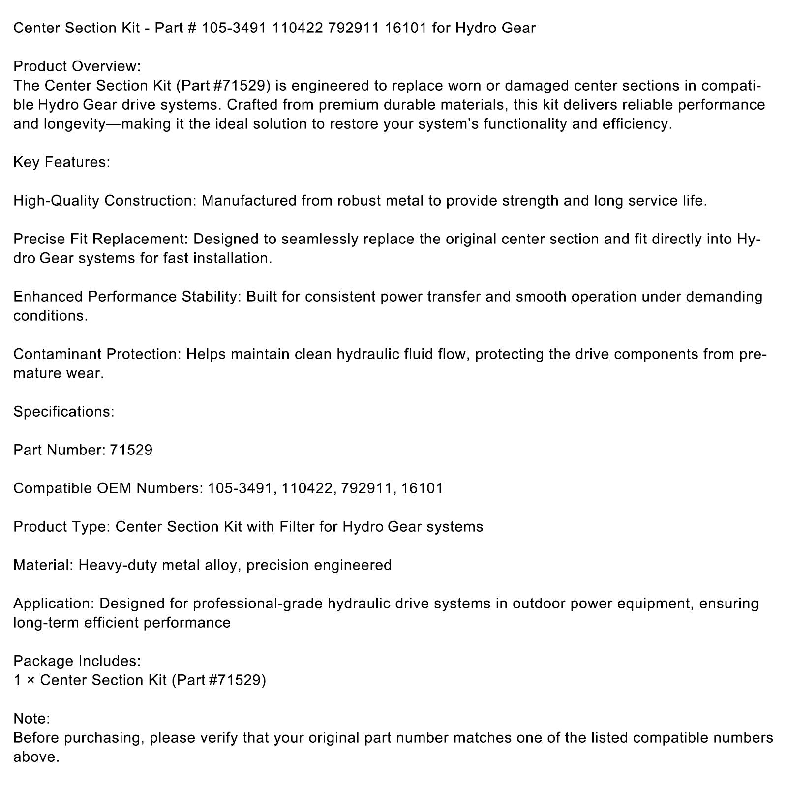 Center Section Kit - Part #71529 LH for Hydro Gear