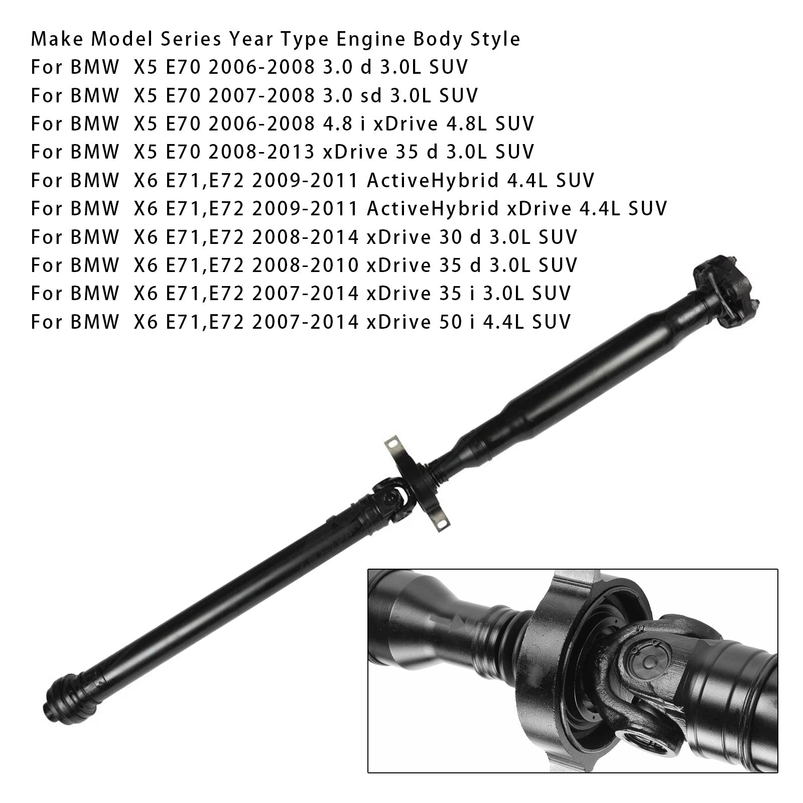 2007-2014 BMW X6 E71,E72 xDrive 35 i 3.0L SUV Rear Driveshaft Prop Shaft Assembly 26107564398