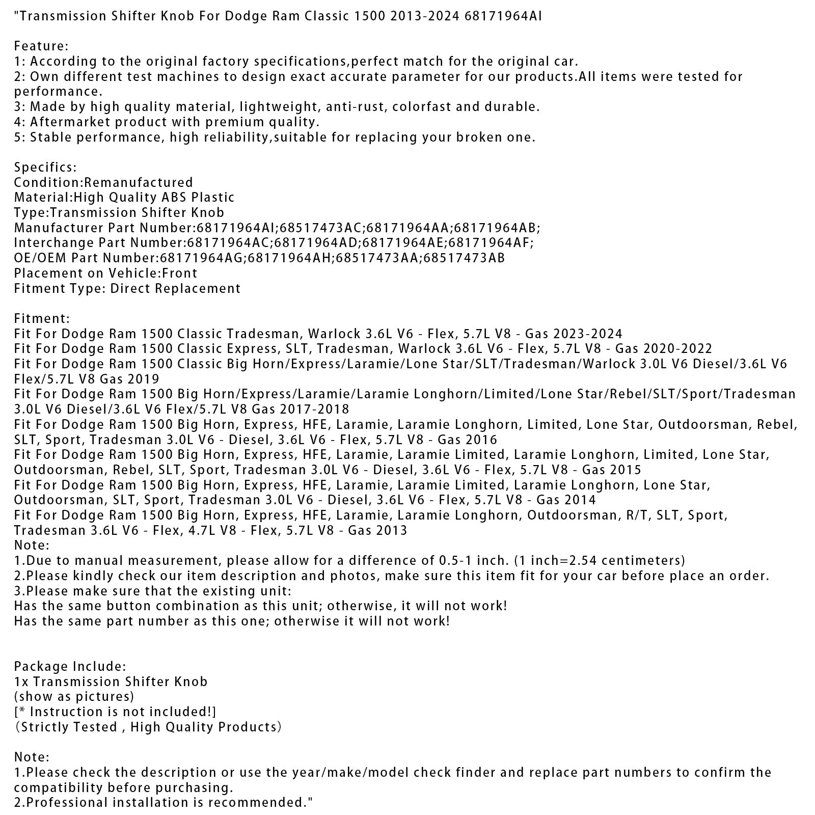 Transmission Shifter Knob For Dodge Ram Classic 1500 2013-2024 68171964AI