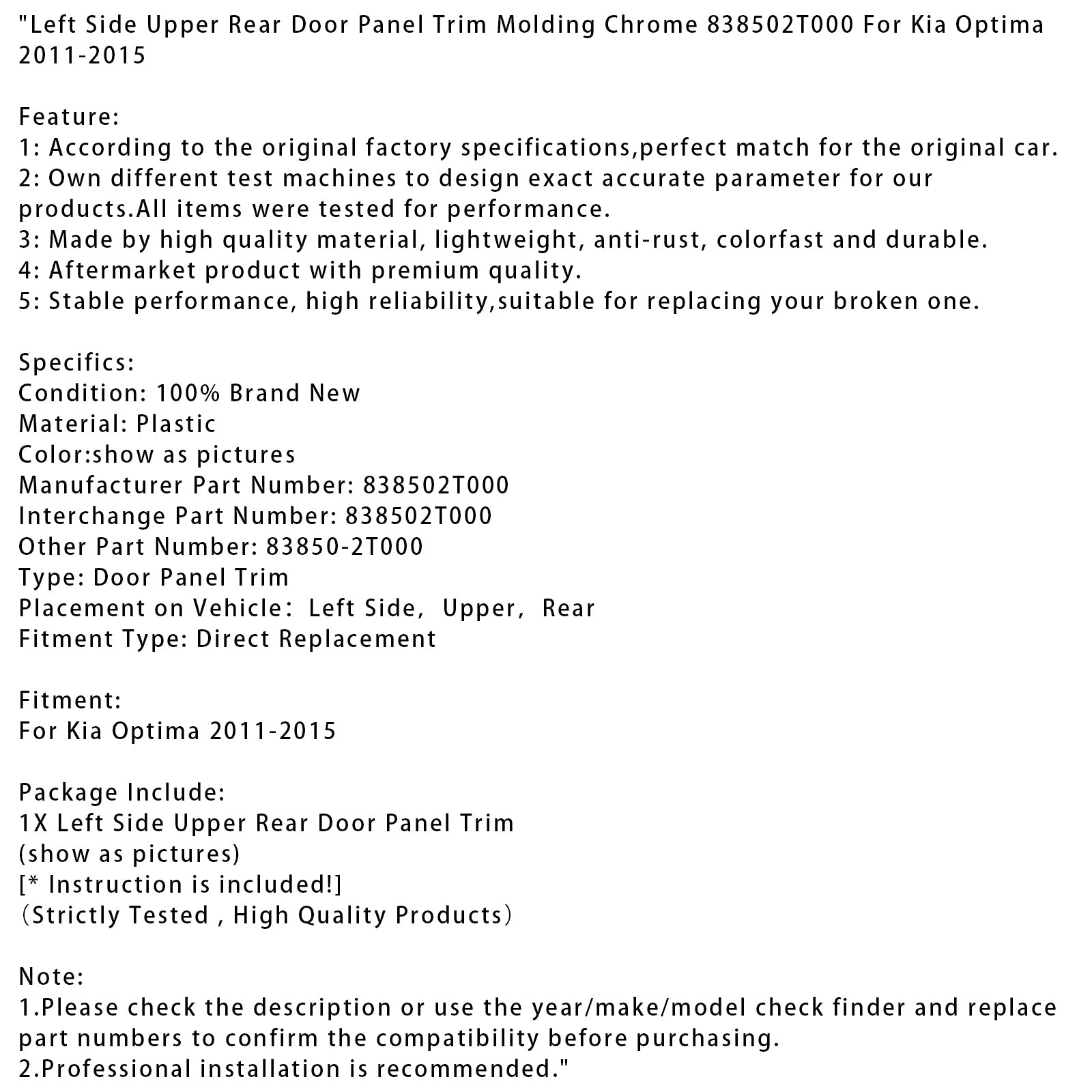 2011-2015 Kia Optima Left Side Upper Rear Door Panel Trim Molding Chrome