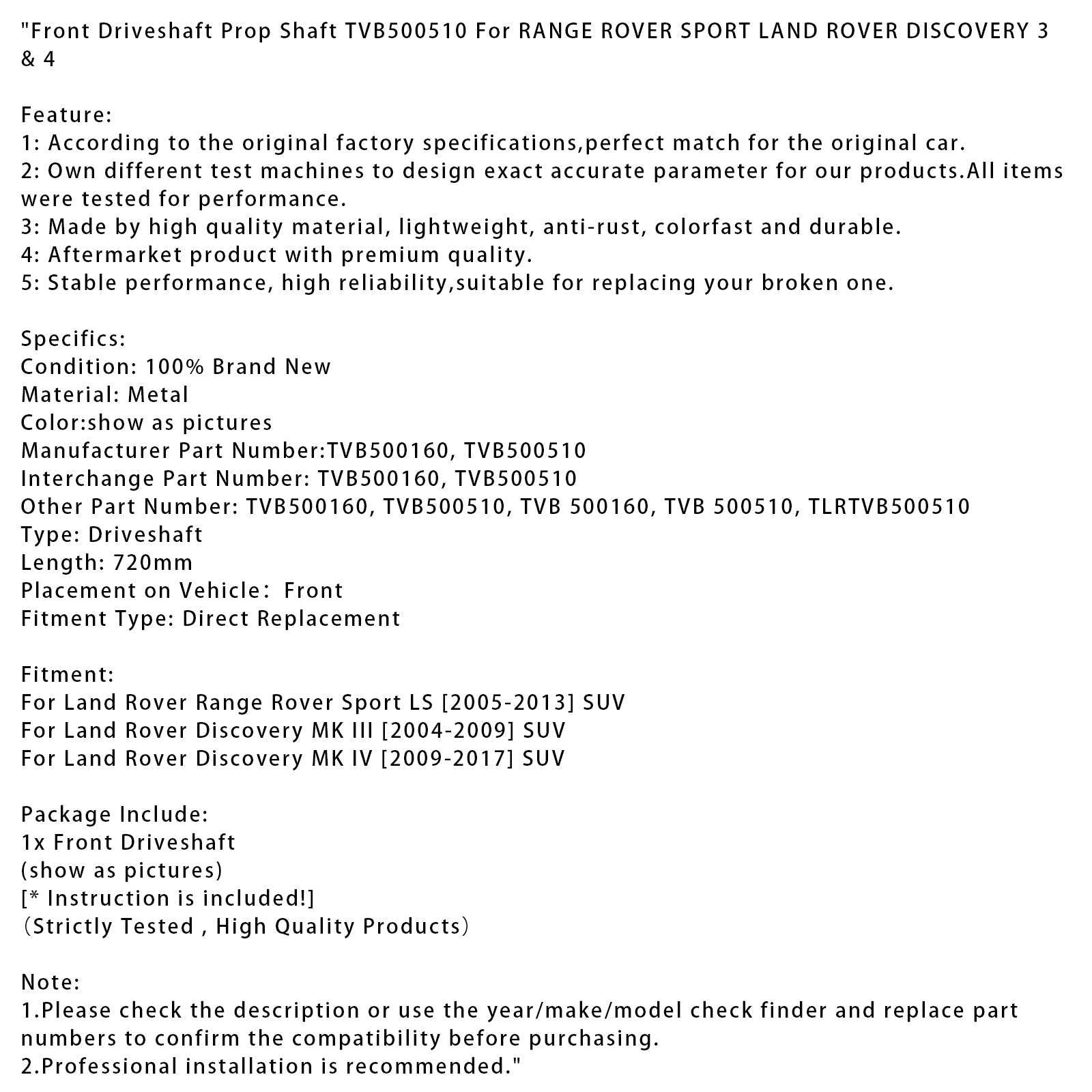 2009-2017 Land Rover Discovery MK IV SUV Front Driveshaft Prop Shaft TVB500160 TVB500510