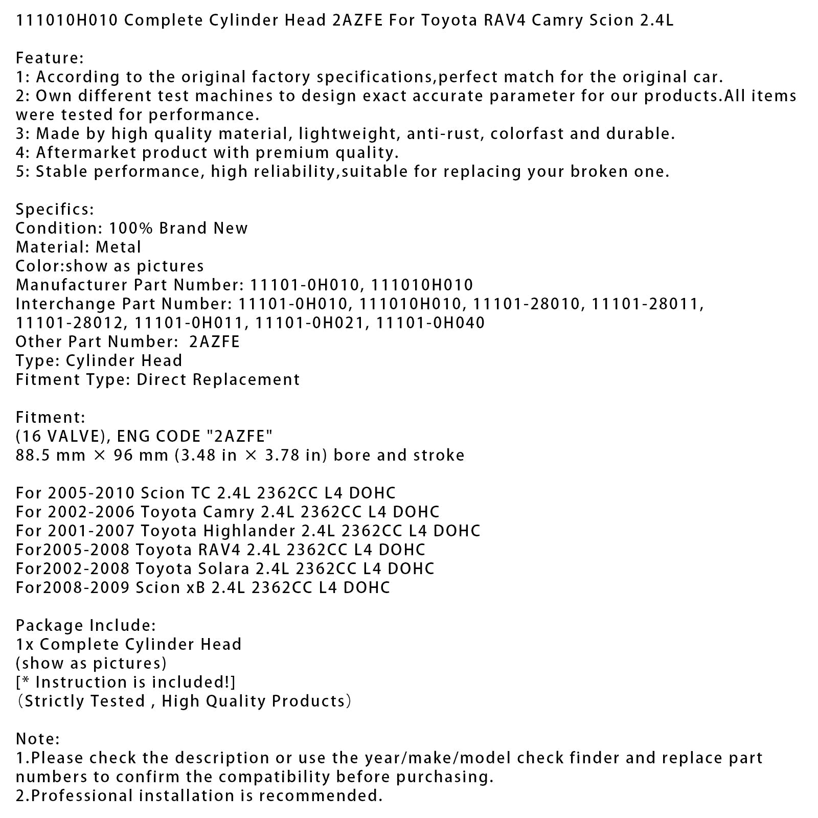 2005-2008 Toyota RAV4 2.4L 2362CC L4 DOHC Complete Cylinder Head 2AZFE